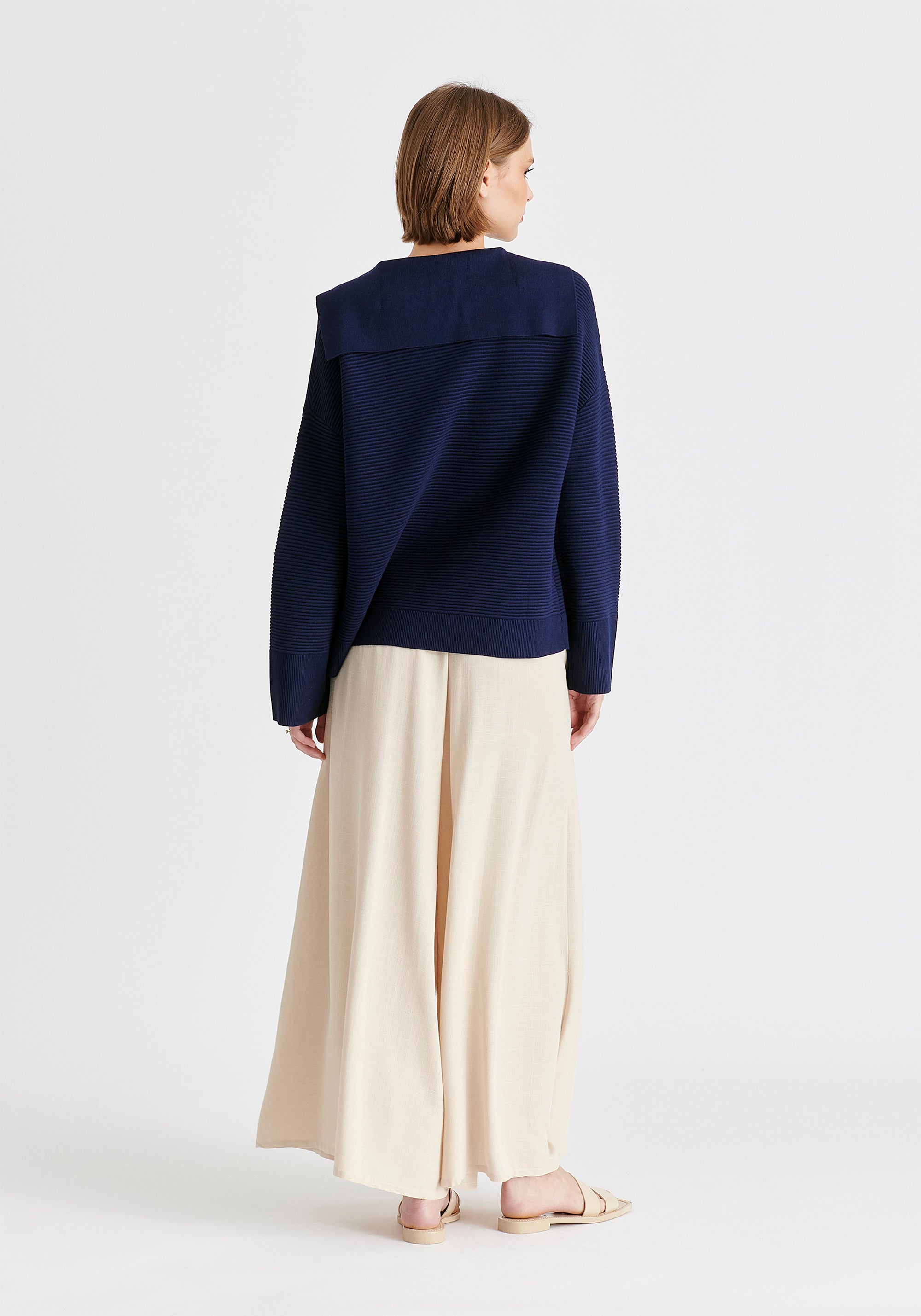 Sailor Collar Ribbed Cardigan In Navy Back