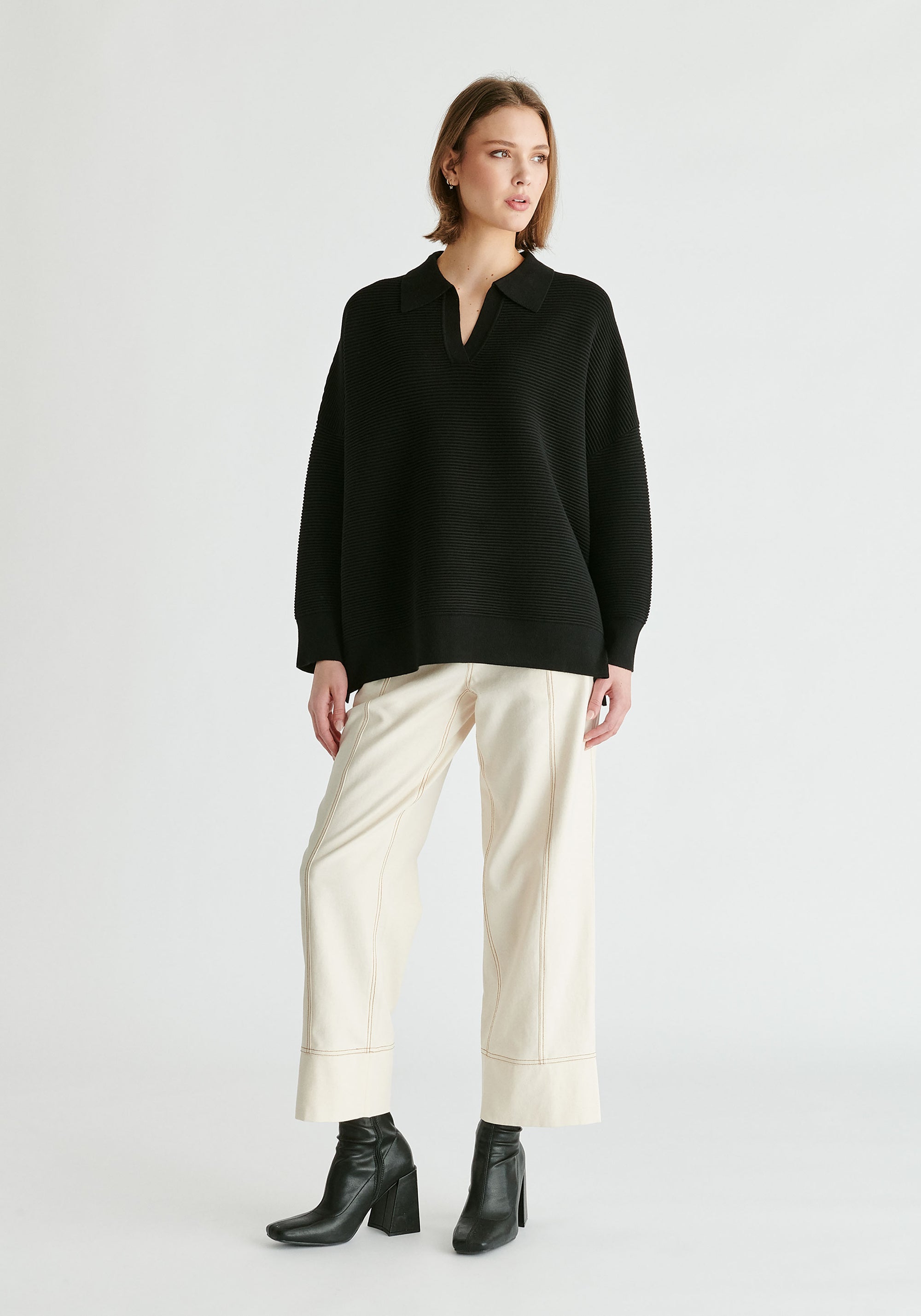 Polo Collar Ribbed Jumper in Black