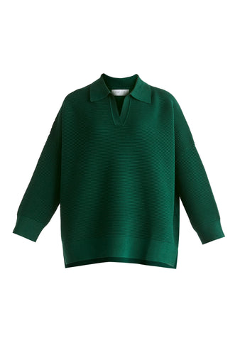 Polo Collar Ribbed Jumper in Dark Green Closeup