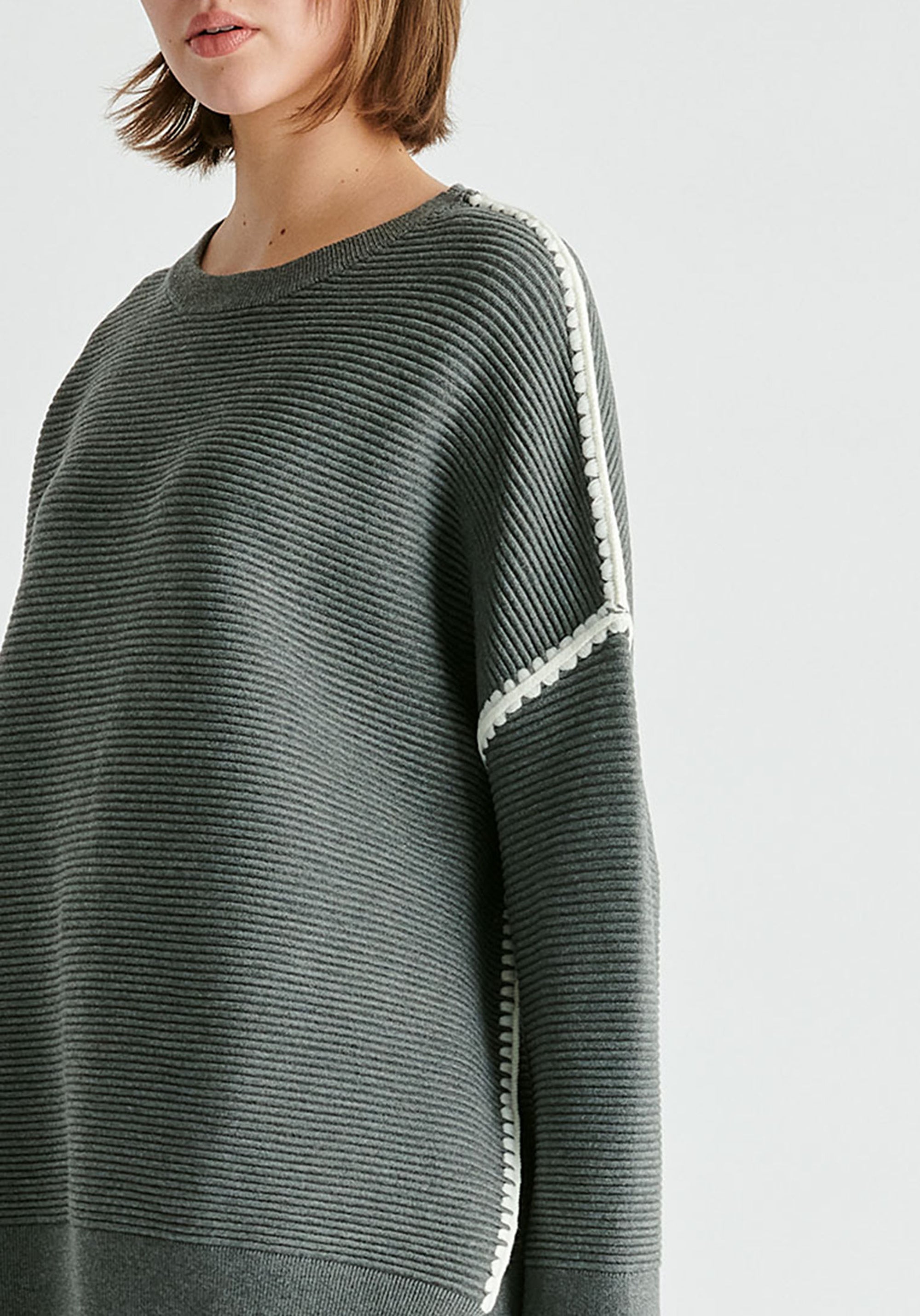 Ribbed Jumper with Contrasting Embroidery in Grey Closeup