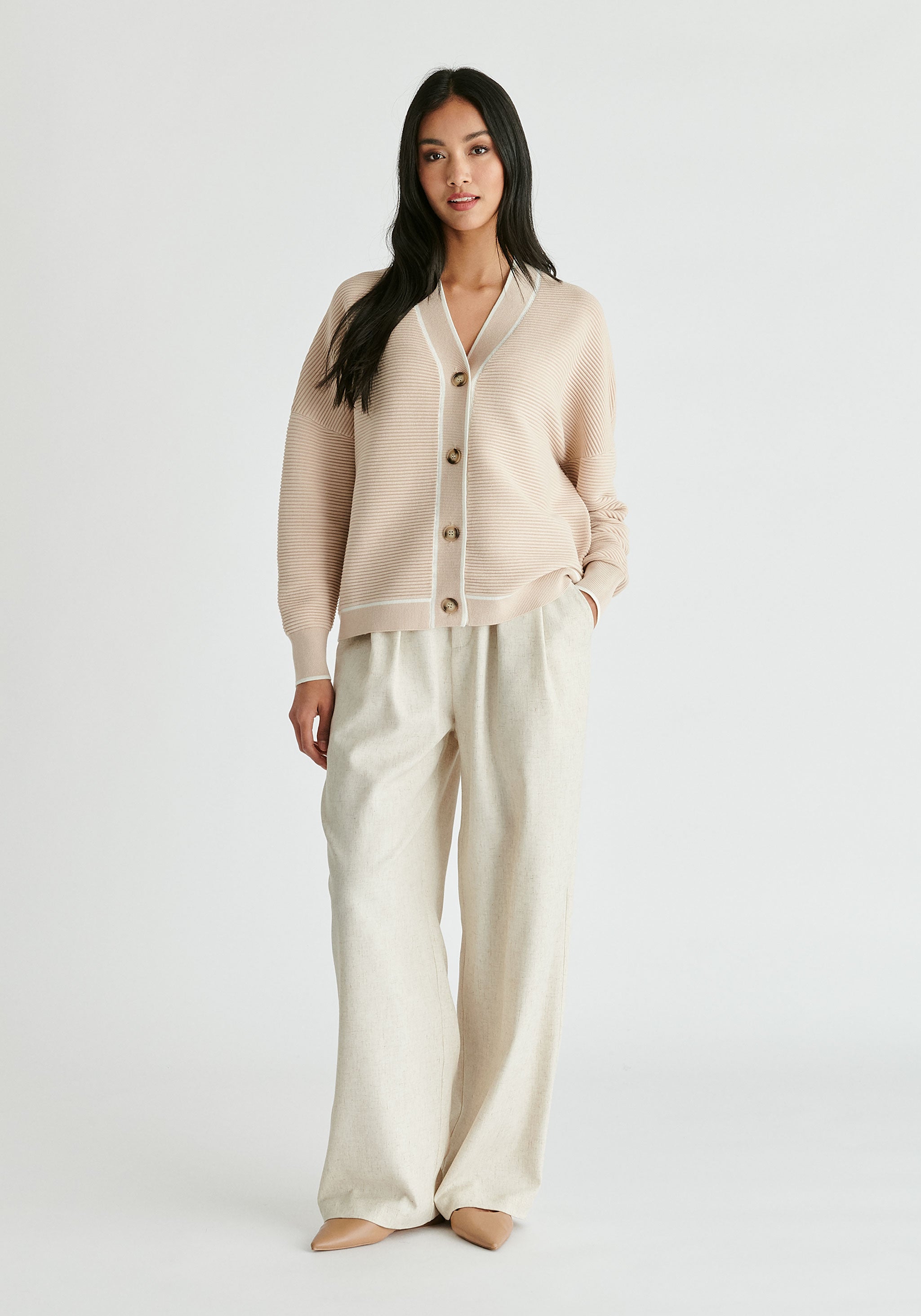 Ribbed Cardigan Contrast Trim