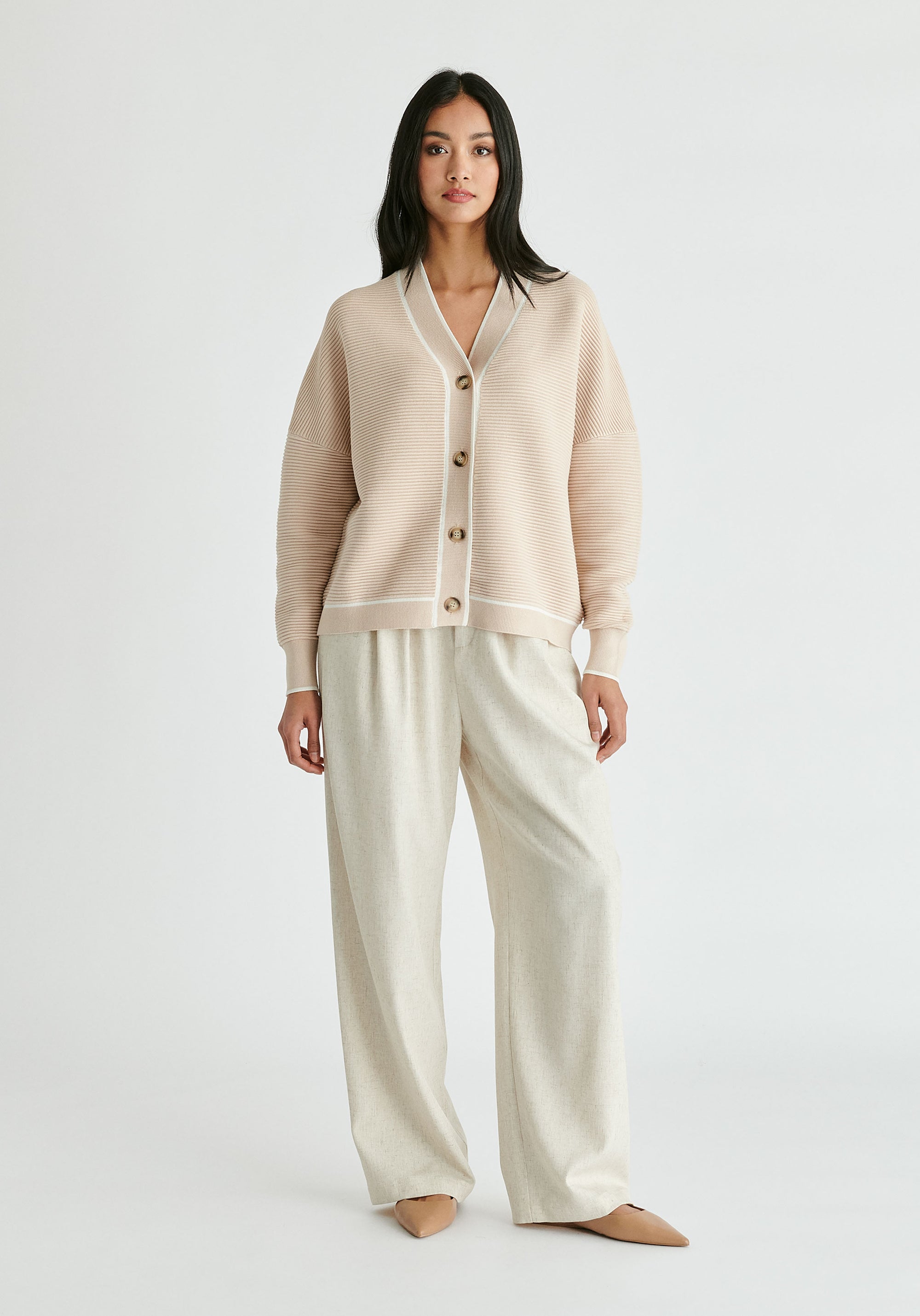 Ribbed Cardigan with Contrast Trim in Cream and White Front 
