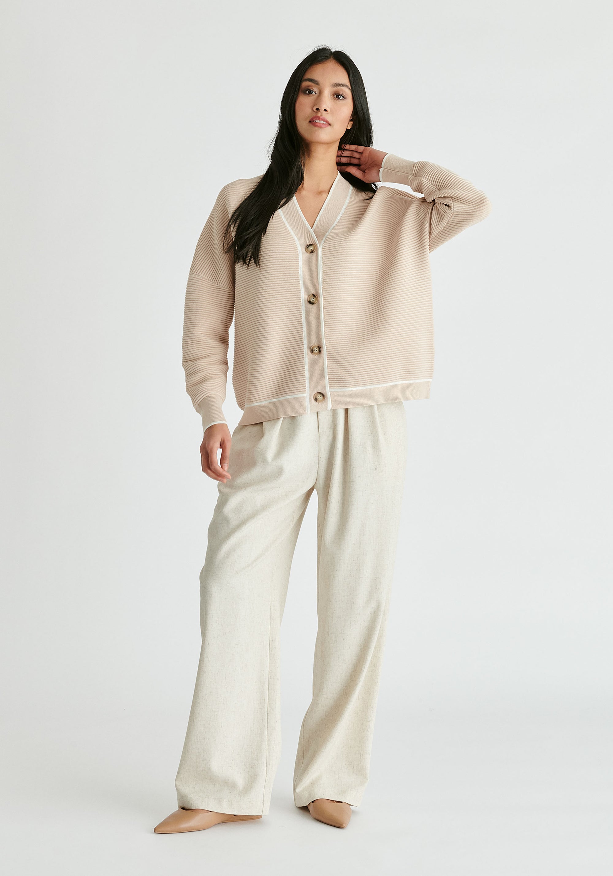 Ribbed Cardigan with Contrast Trim in Cream and White Front 