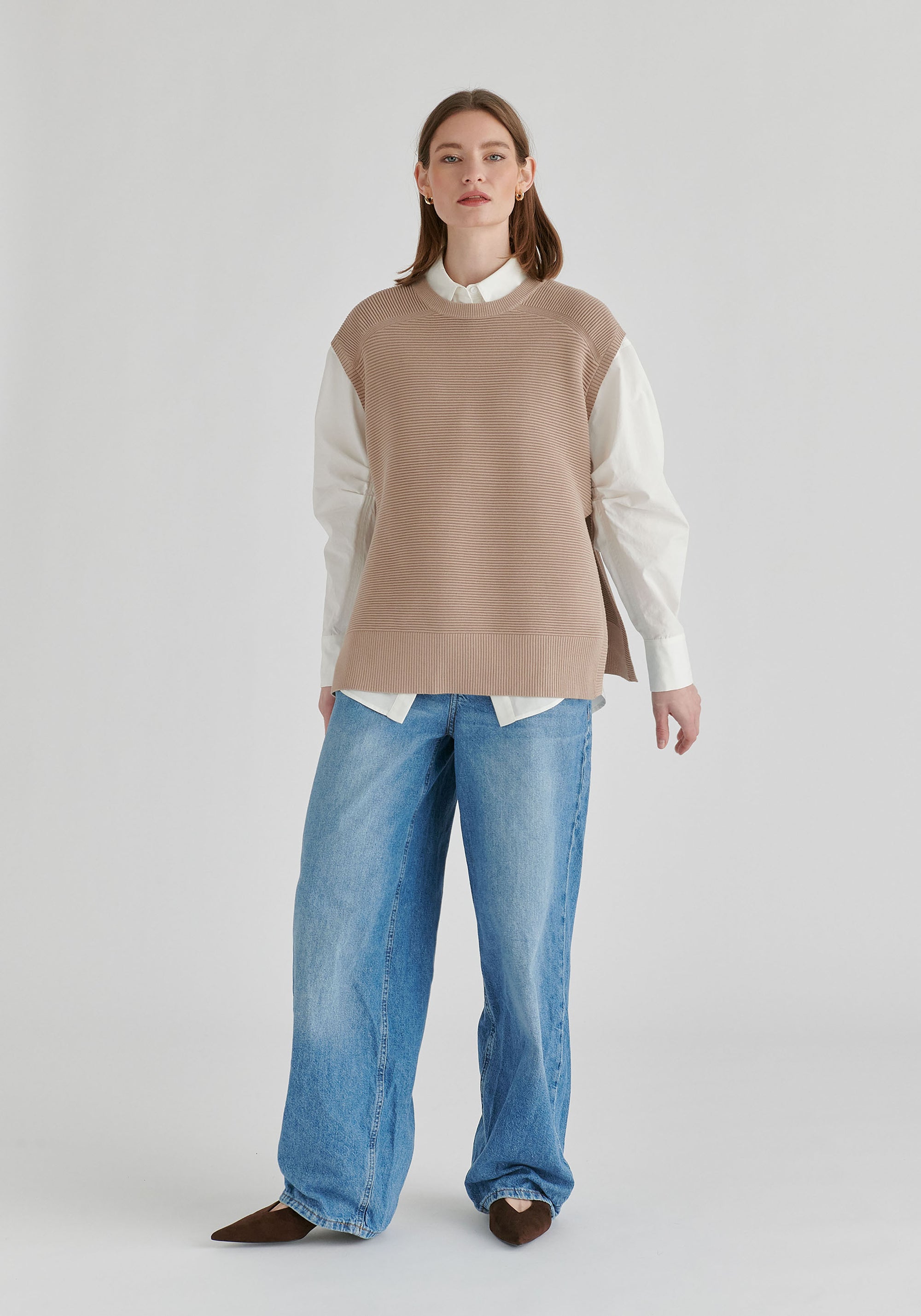 Side Slit Sleeveless Ribbed Jumper in Almond Front