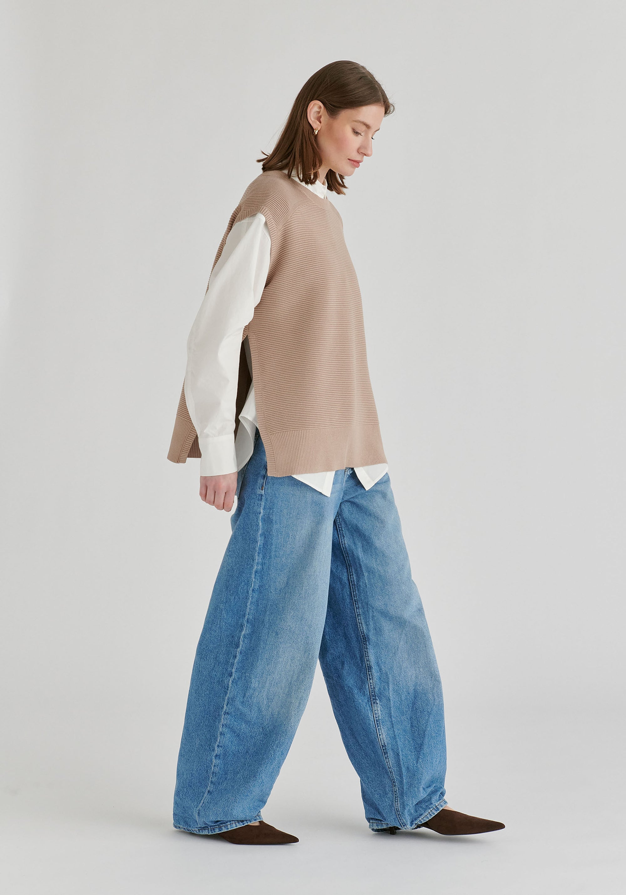 Side Slit Sleeveless Ribbed Jumper in Almond Side