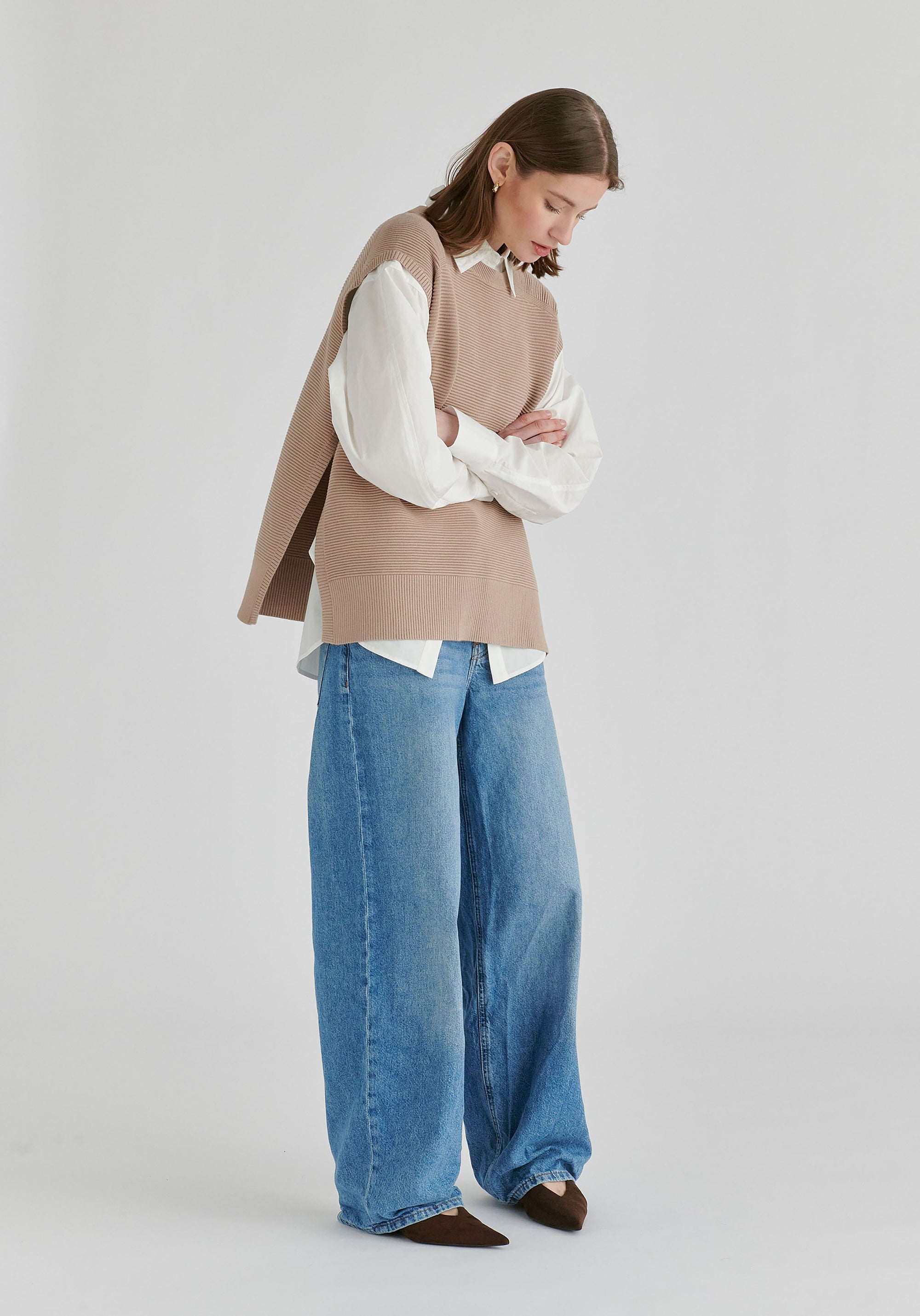 Side Slit Sleeveless Ribbed Jumper in Almond Side