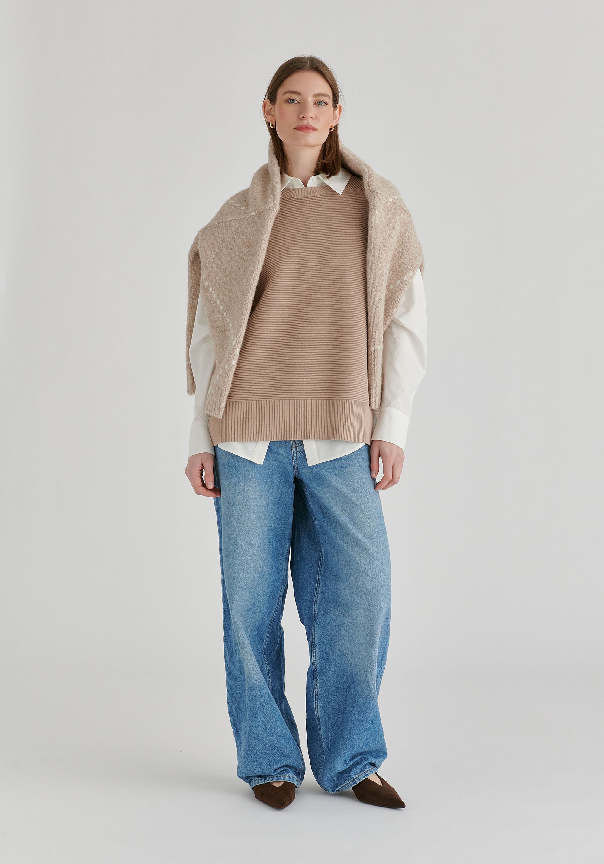 Side Slit Sleeveless Ribbed Jumper in Almond Front