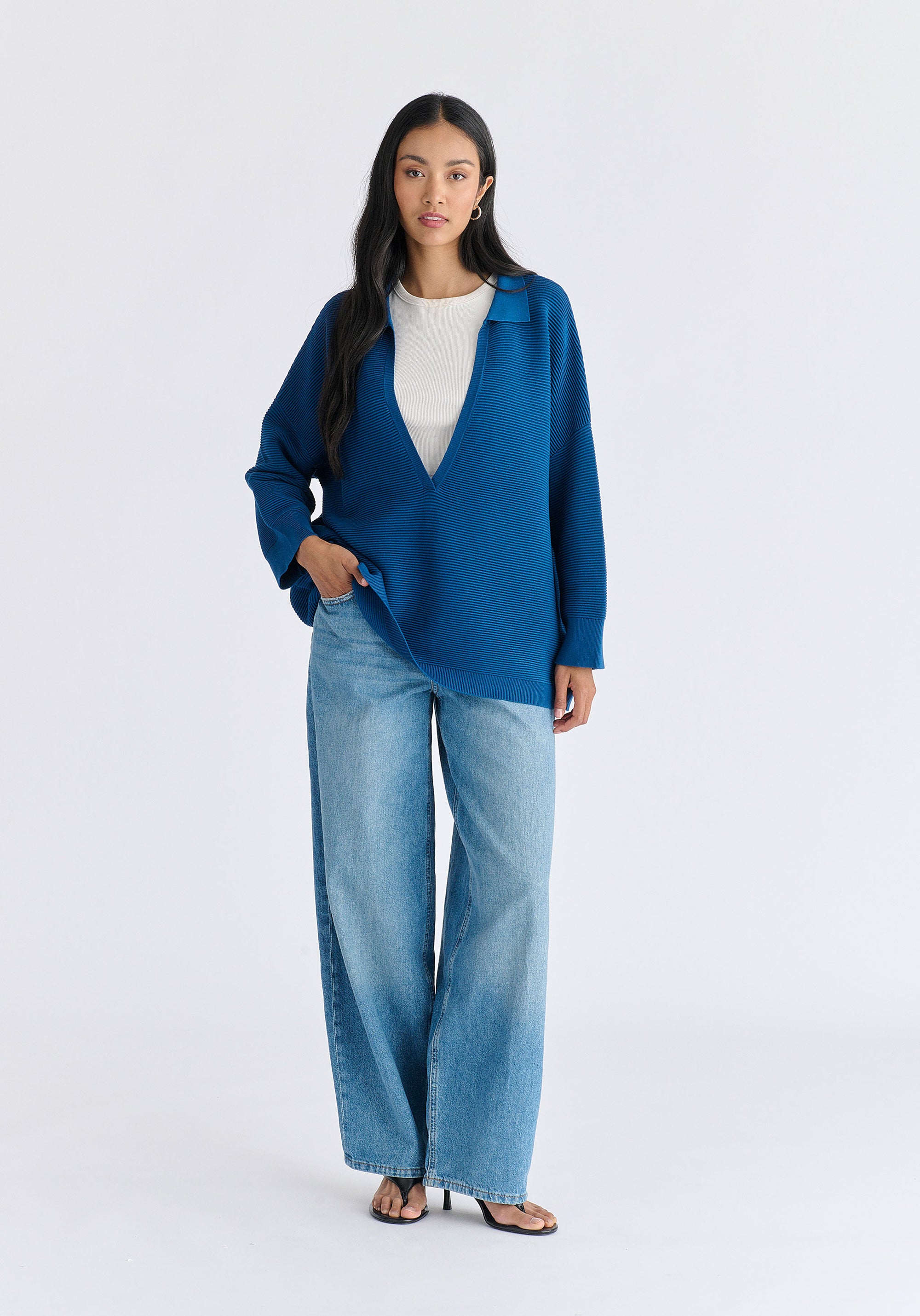 Low Cut Polo Collar Ribbed Jumper in Denim Blue Front