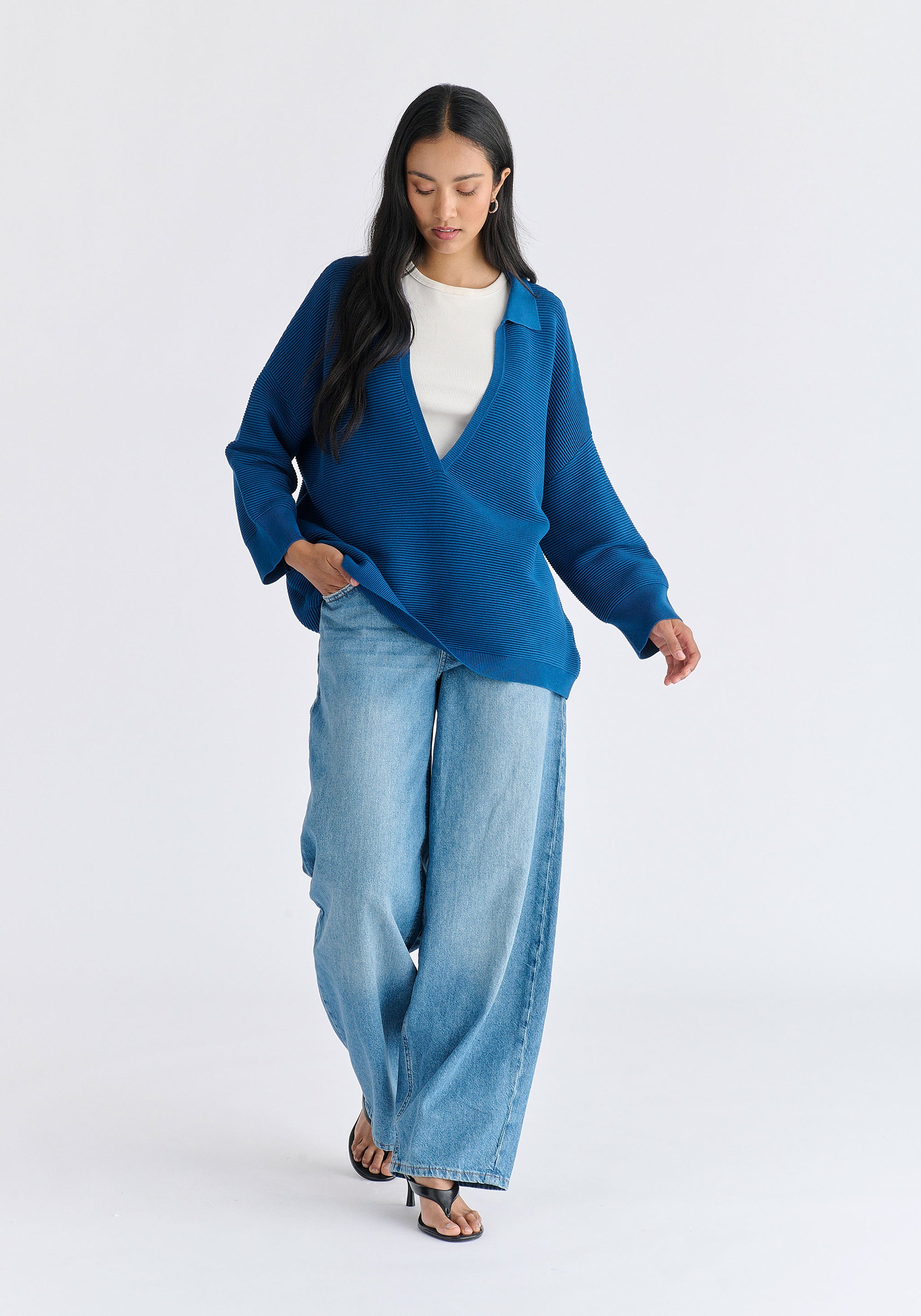 Low Cut Polo Collar Ribbed Jumper in Denim Blue Front