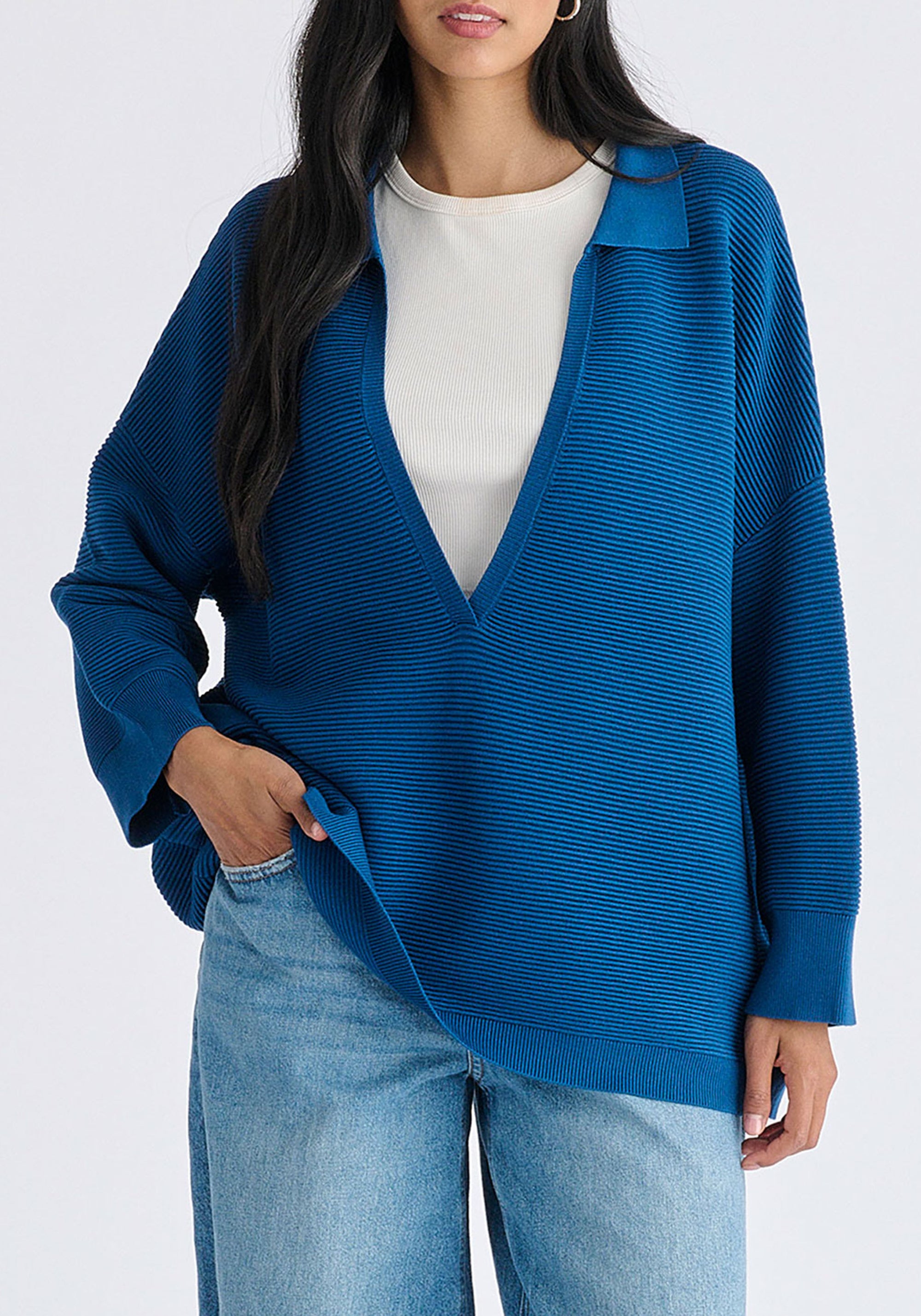 Low Cut Polo Collar Ribbed Jumper in Denim Blue Closeup
