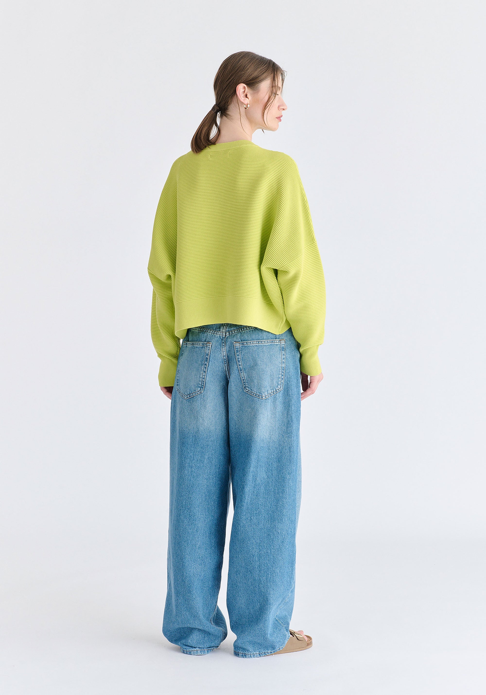 Cropped Ribbed Jumper in Lime Side Back