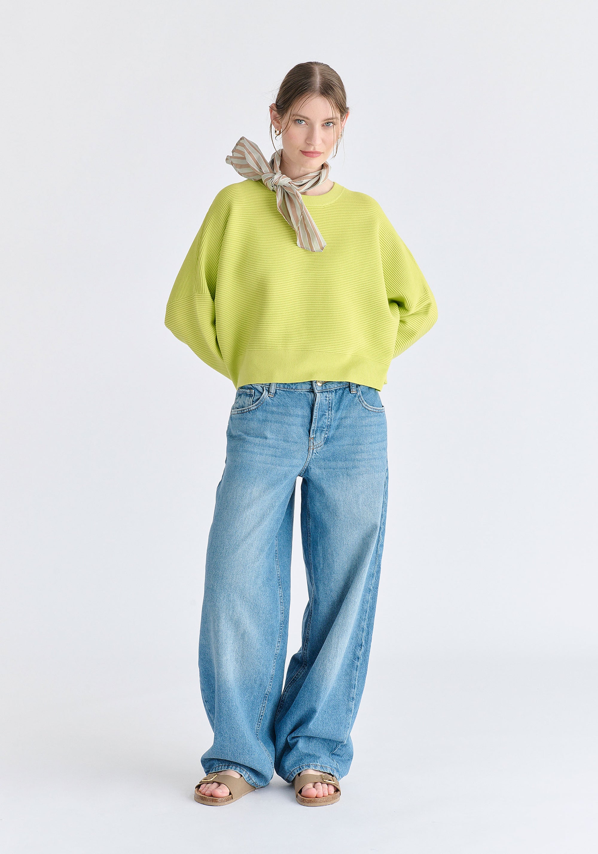 Cropped Ribbed Jumper in Lime Front