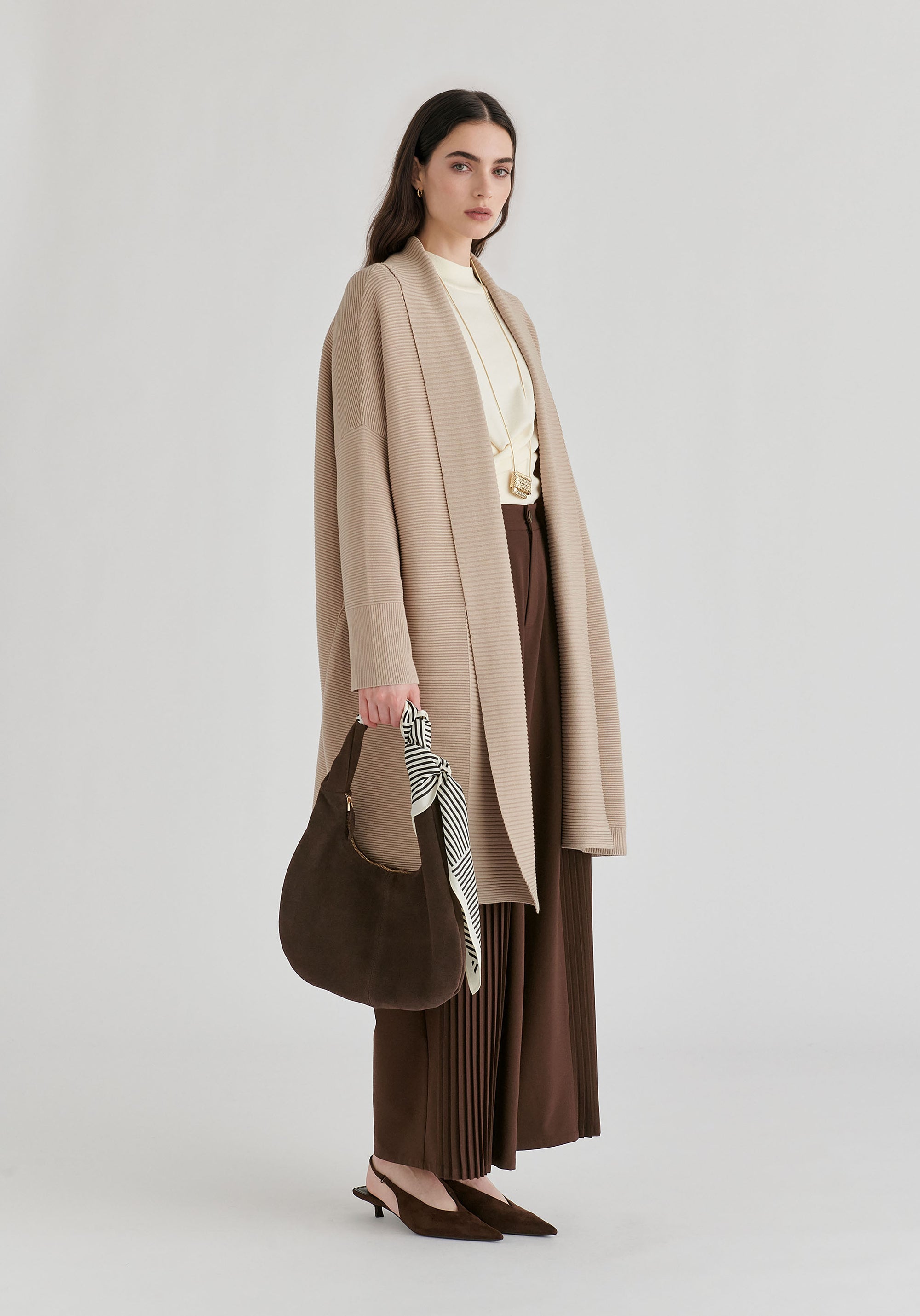Draped Collar Ribbed Cardigan