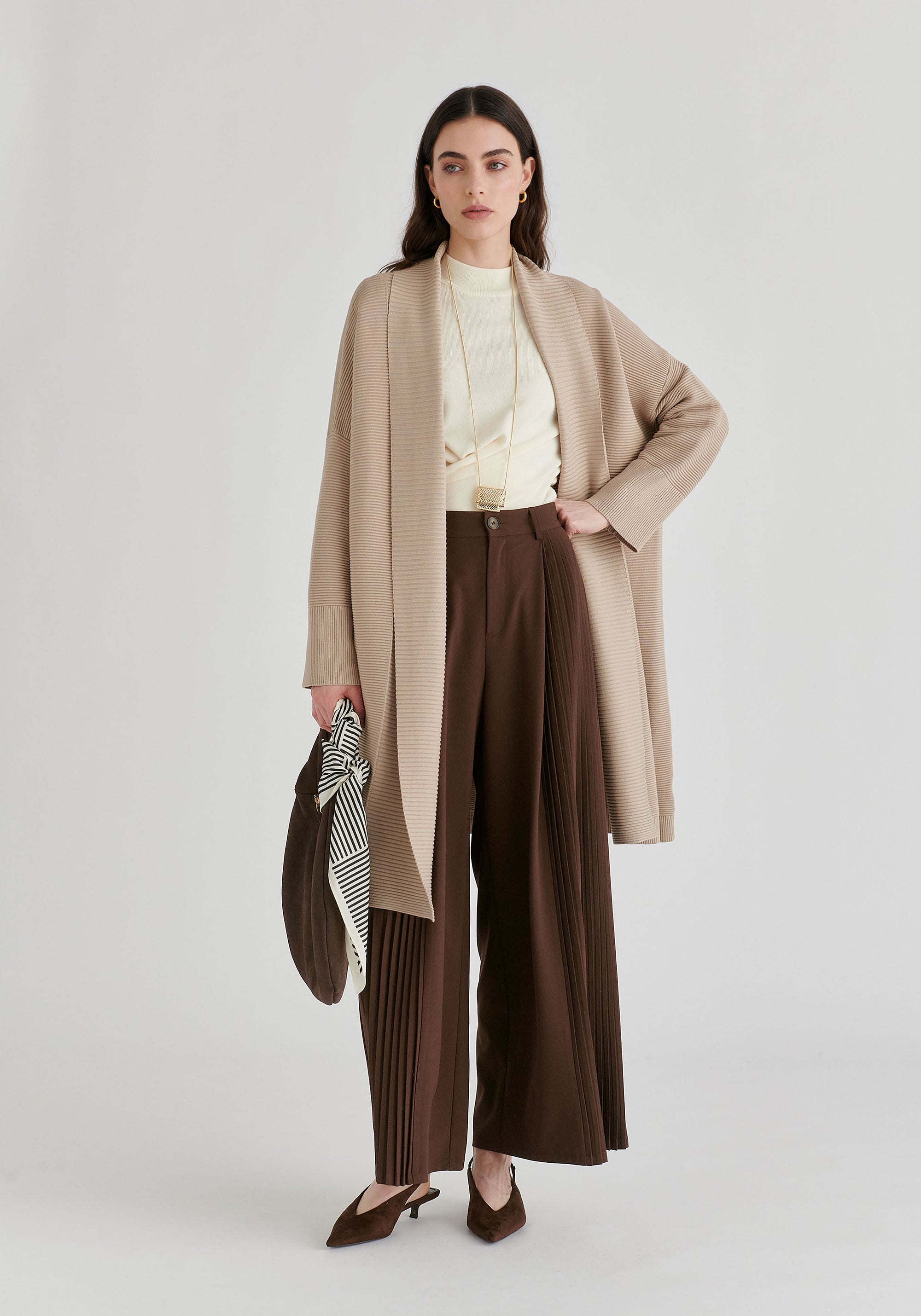 Draped Collar Ribbed Cardigan