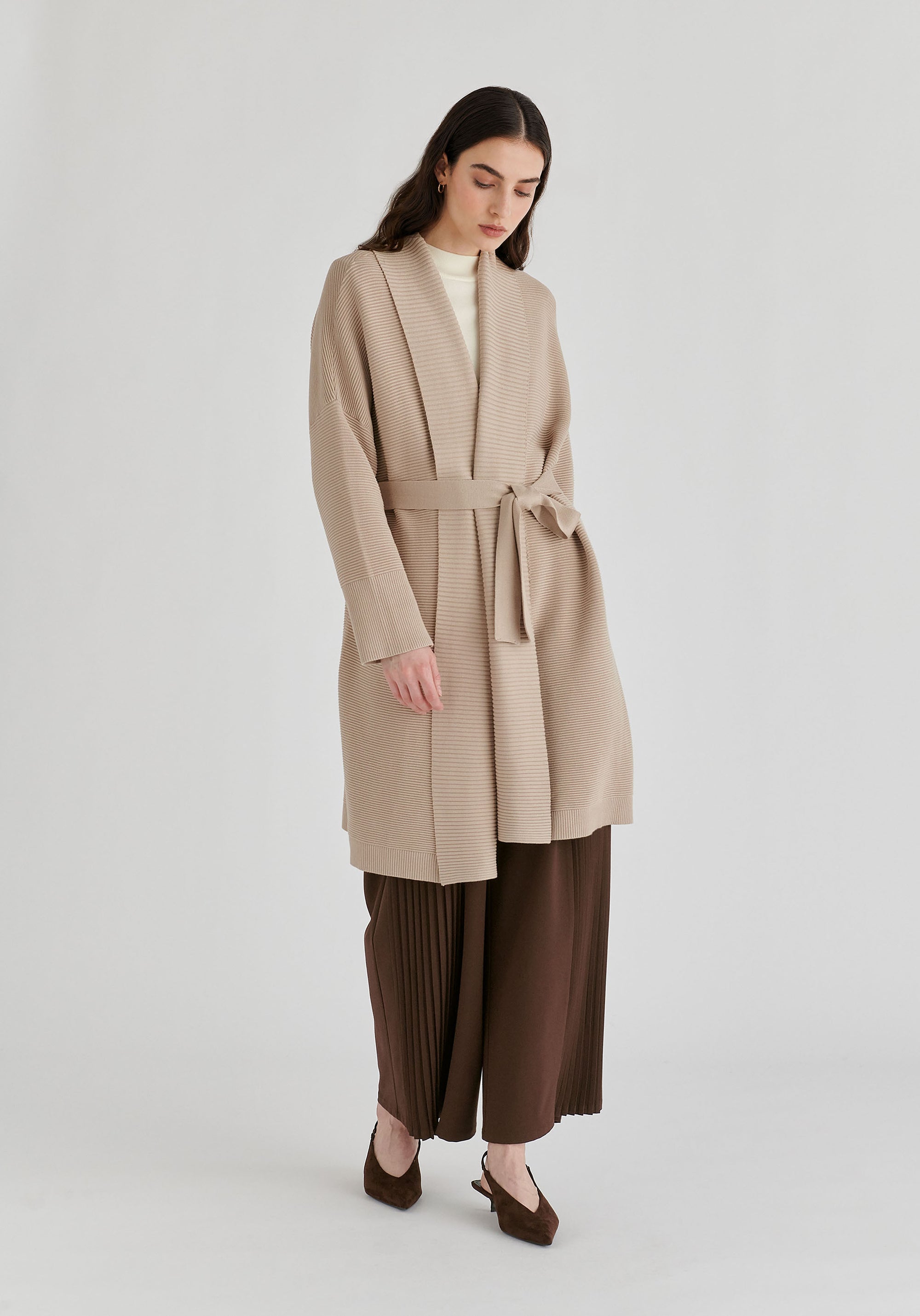 Draped Collar Ribbed Cardigan