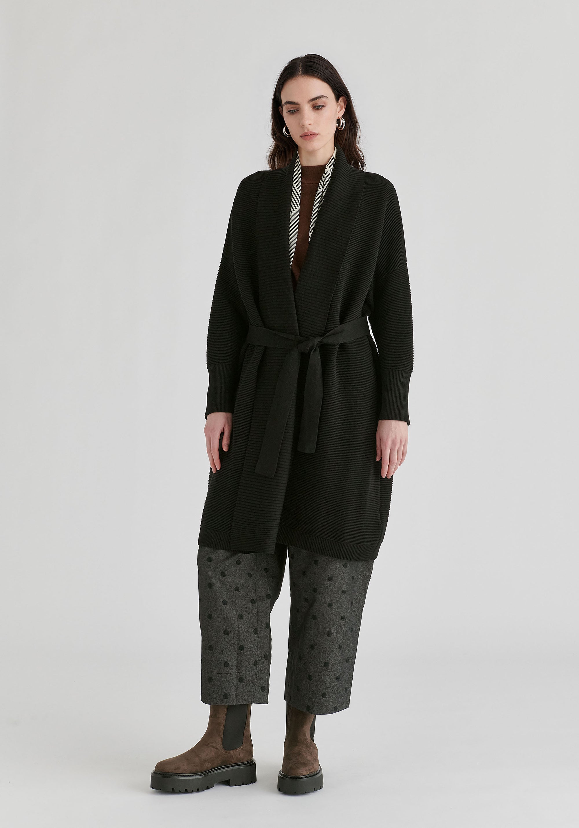Draped Collar Ribbed Cardigan