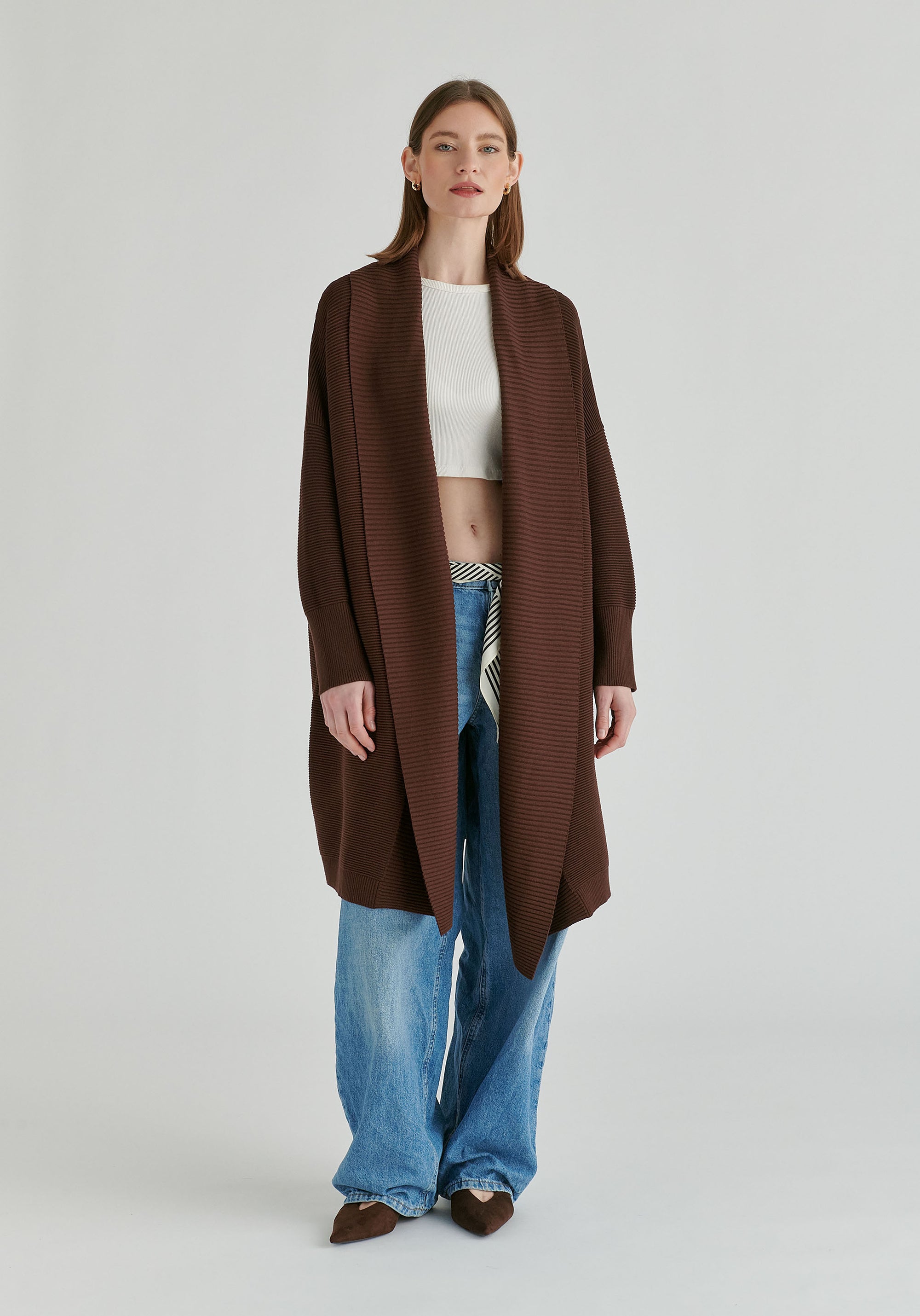Draped Collar Ribbed Cardigan