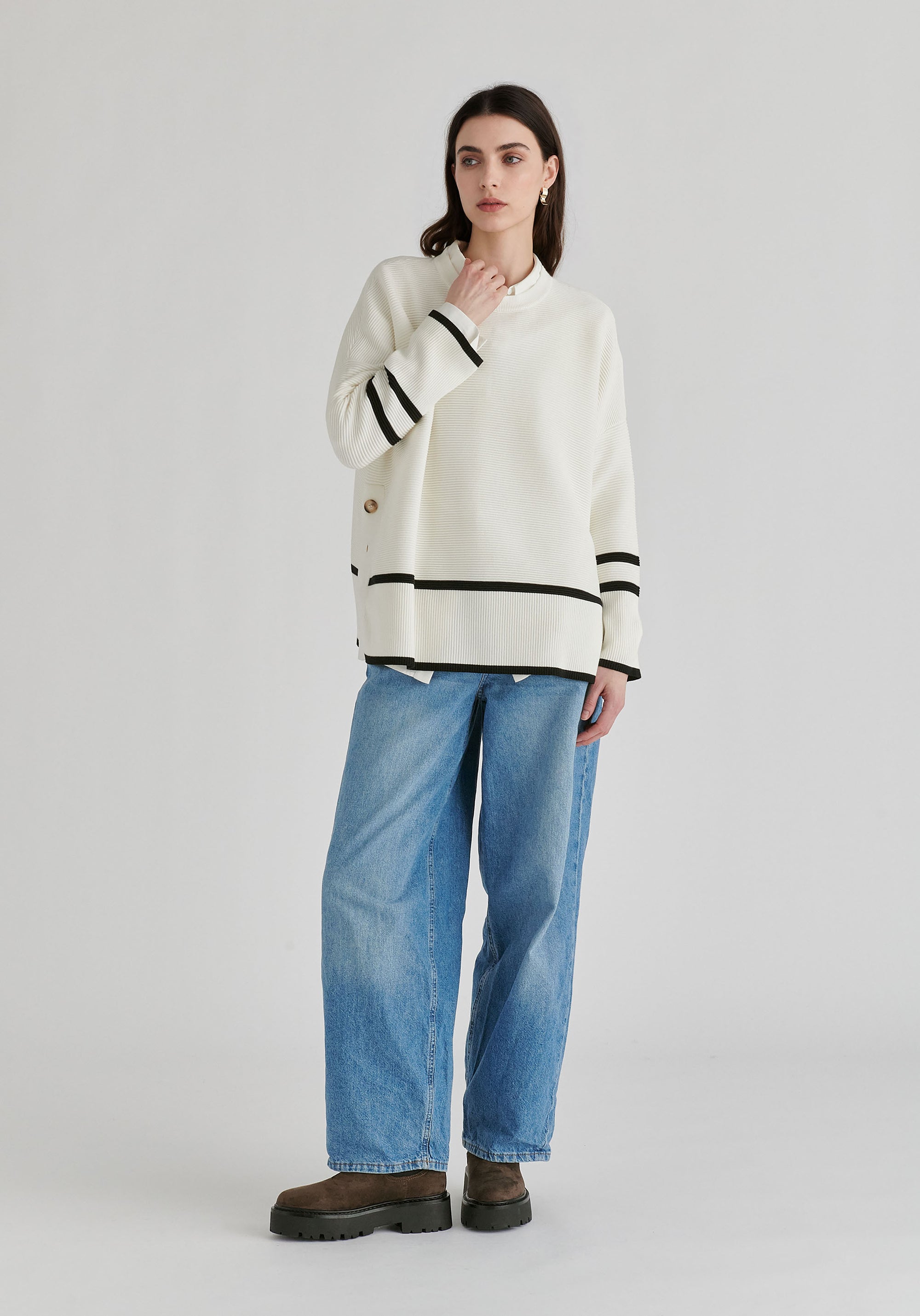 Striped Details Ribbed Jumper with Side Buttons