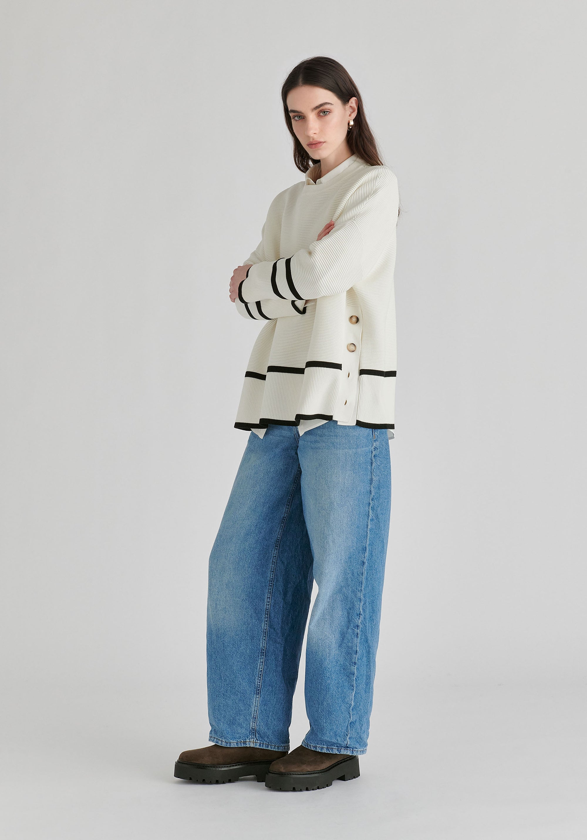 Striped Details Ribbed Jumper with Side Buttons