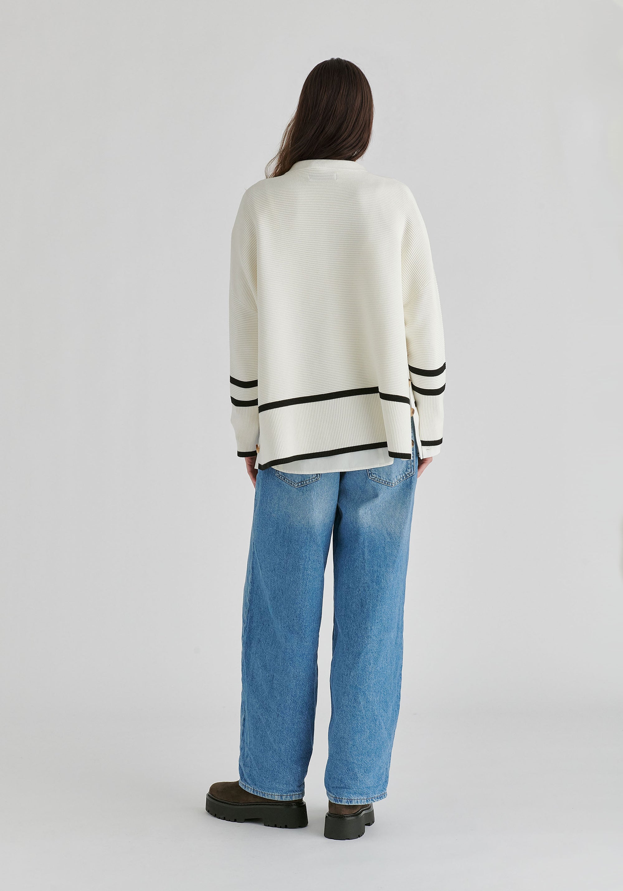 Striped Details Ribbed Jumper with Side Buttons