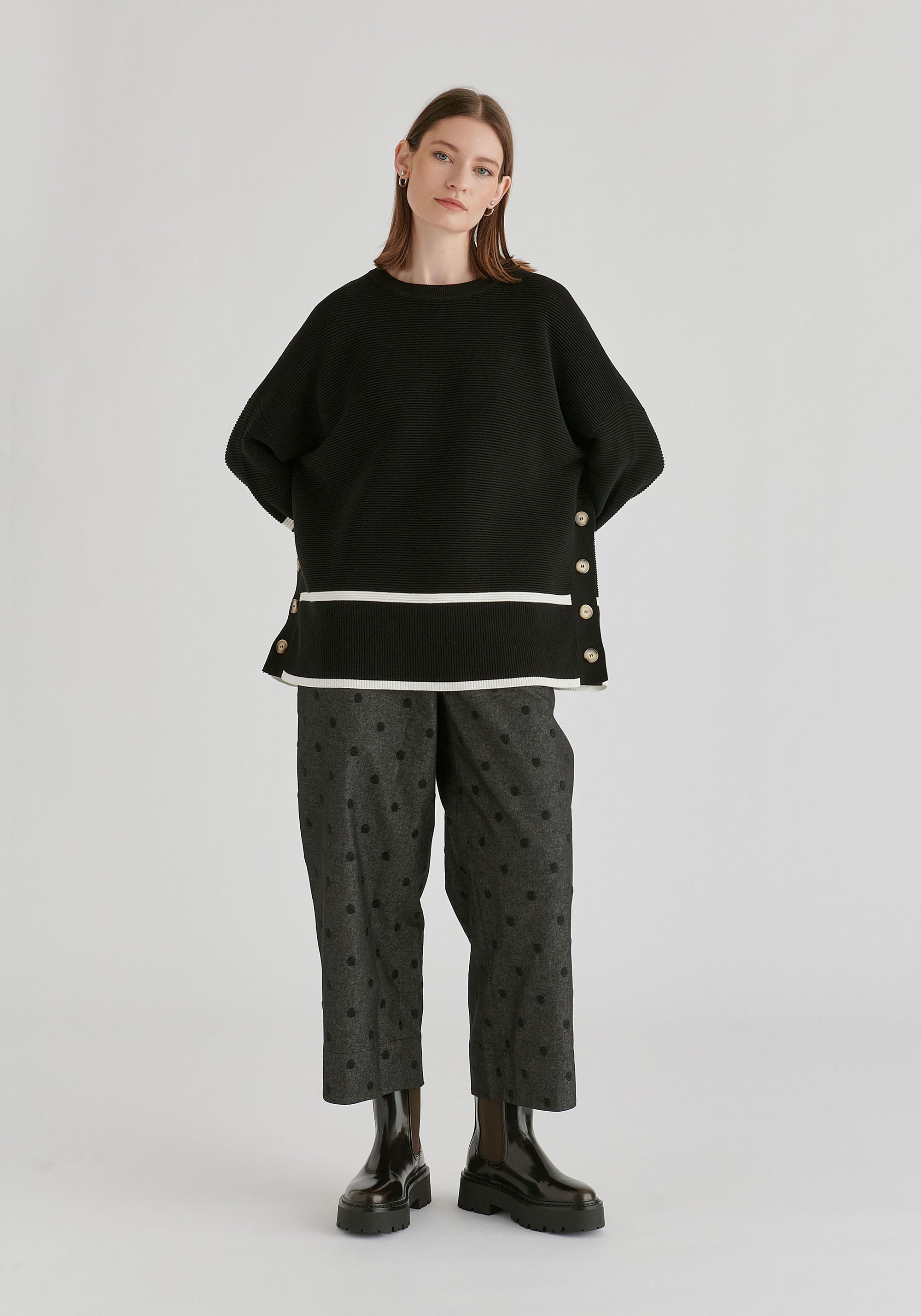 Striped Details Ribbed Jumper with Side Buttons