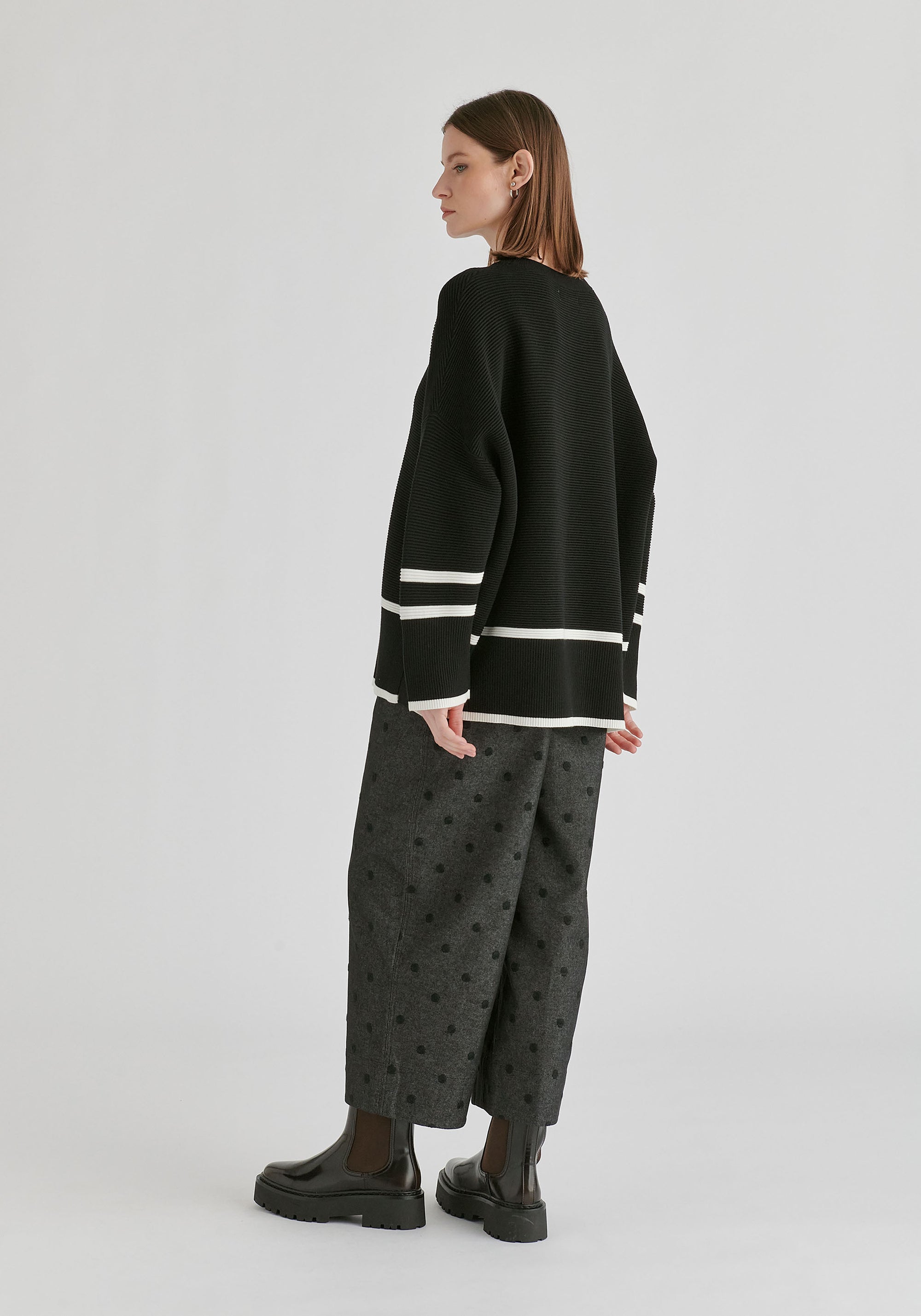 Striped Details Ribbed Jumper with Side Buttons