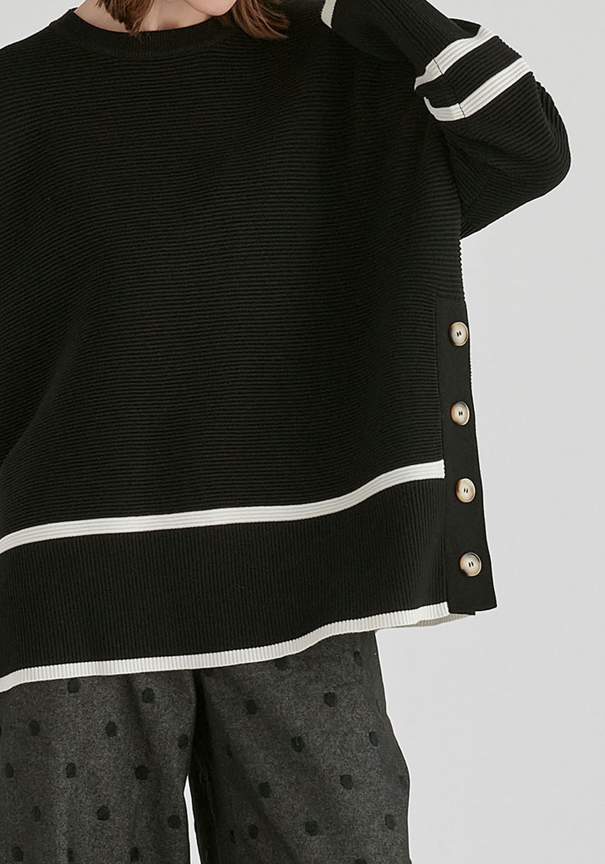 Striped Details Ribbed Jumper with Side Buttons