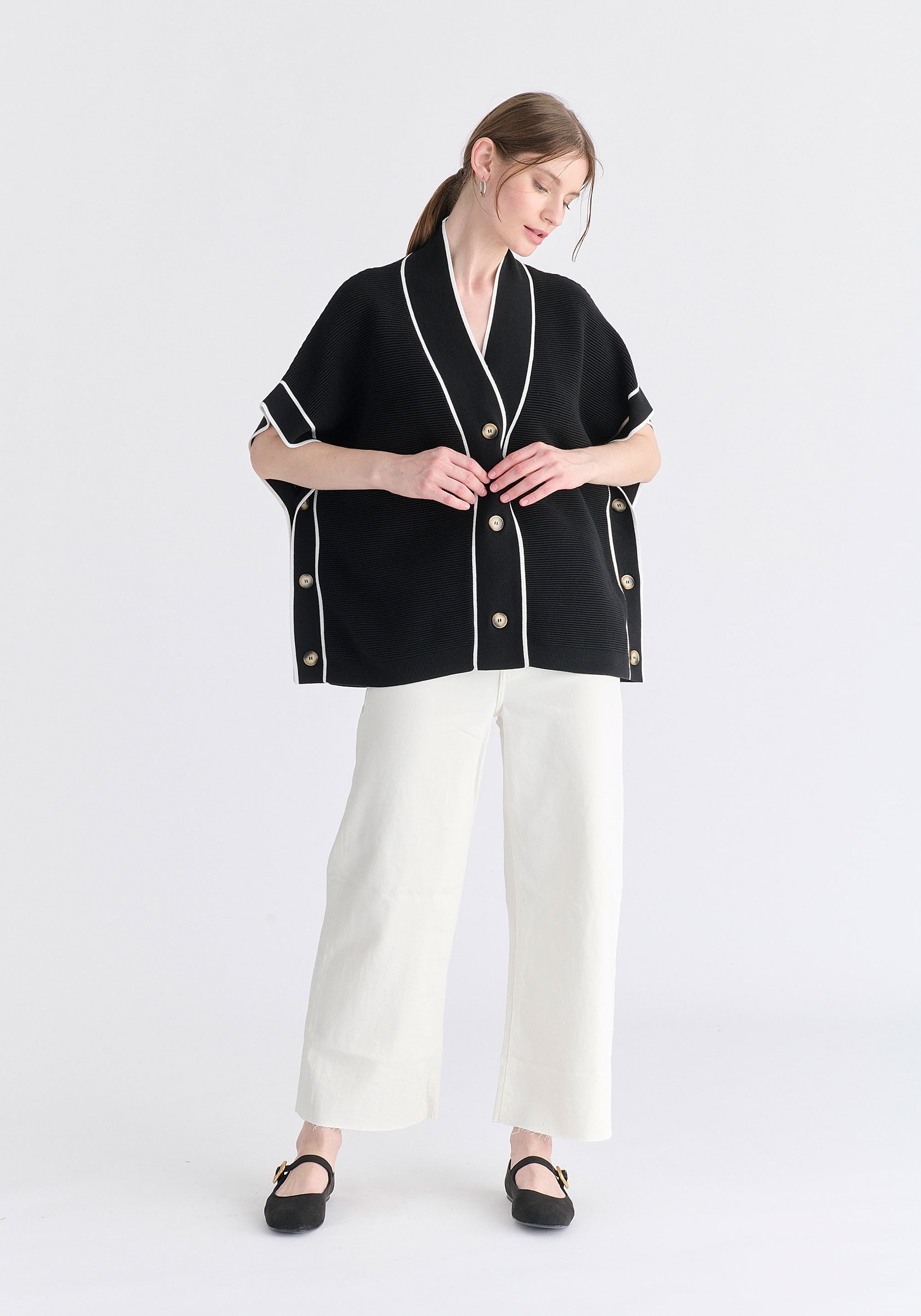 Button Details Kimono Ribbed Cardigan in Black Front