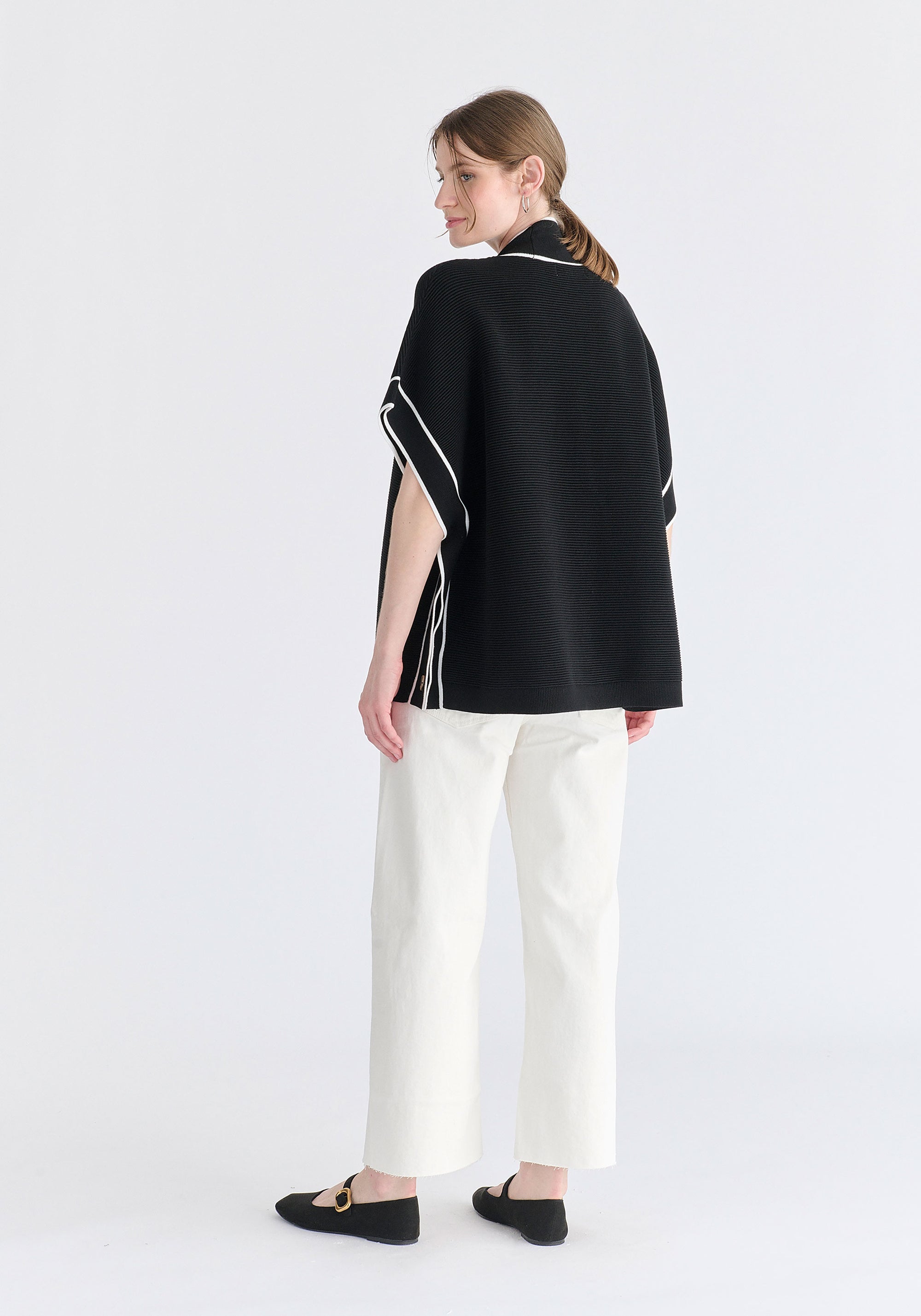 Button Details Kimono Ribbed Cardigan in Black Back