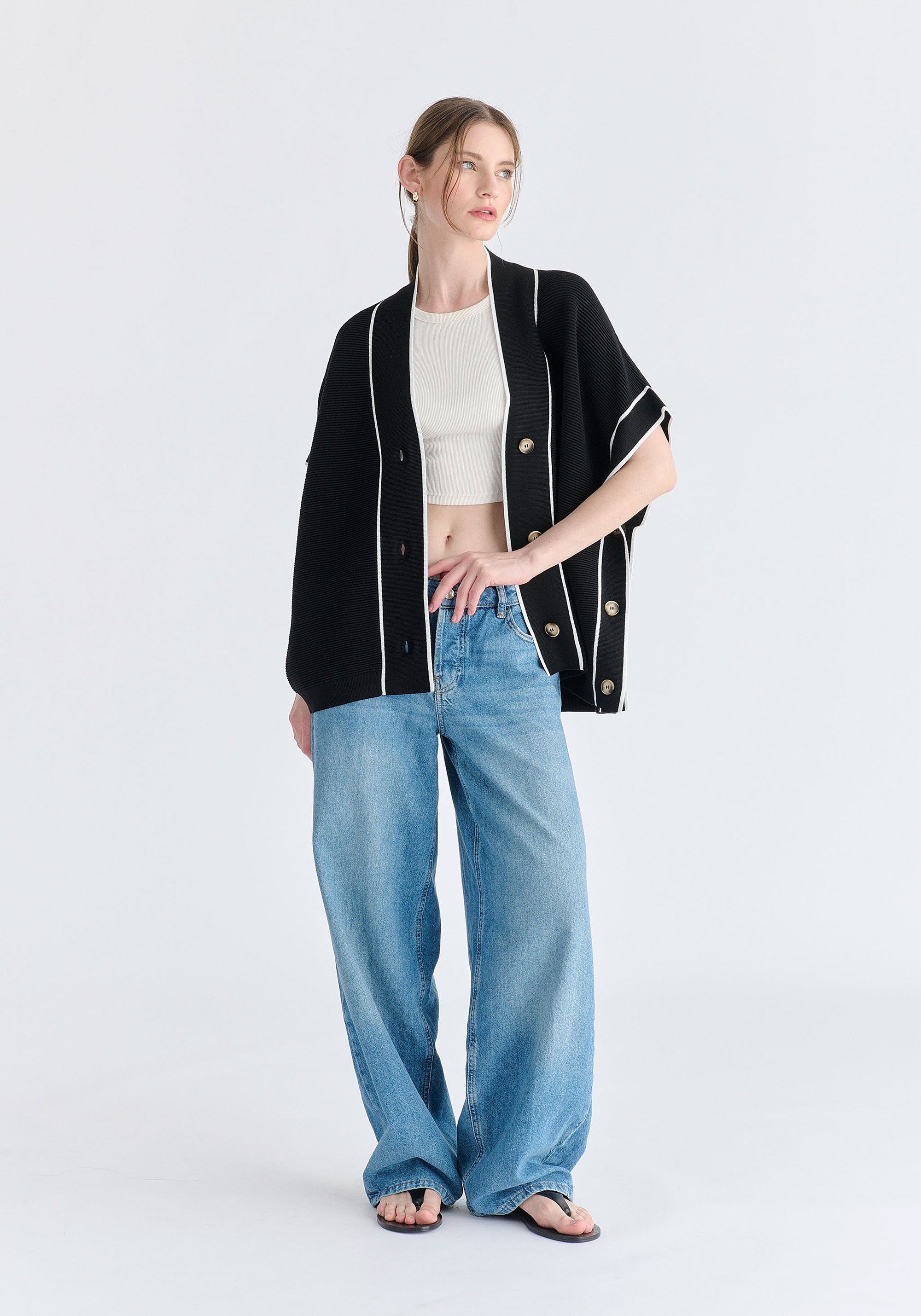Button Details Kimono Ribbed Cardigan in Black Front
