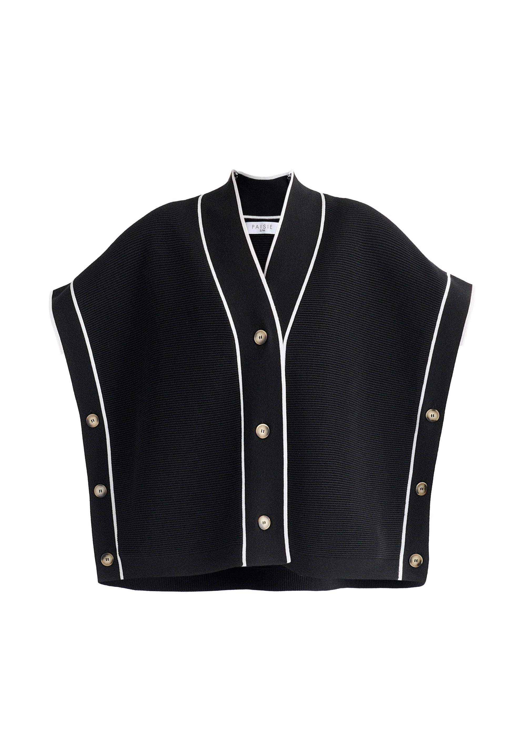 Button Details Kimono Ribbed Cardigan in Black Cutout