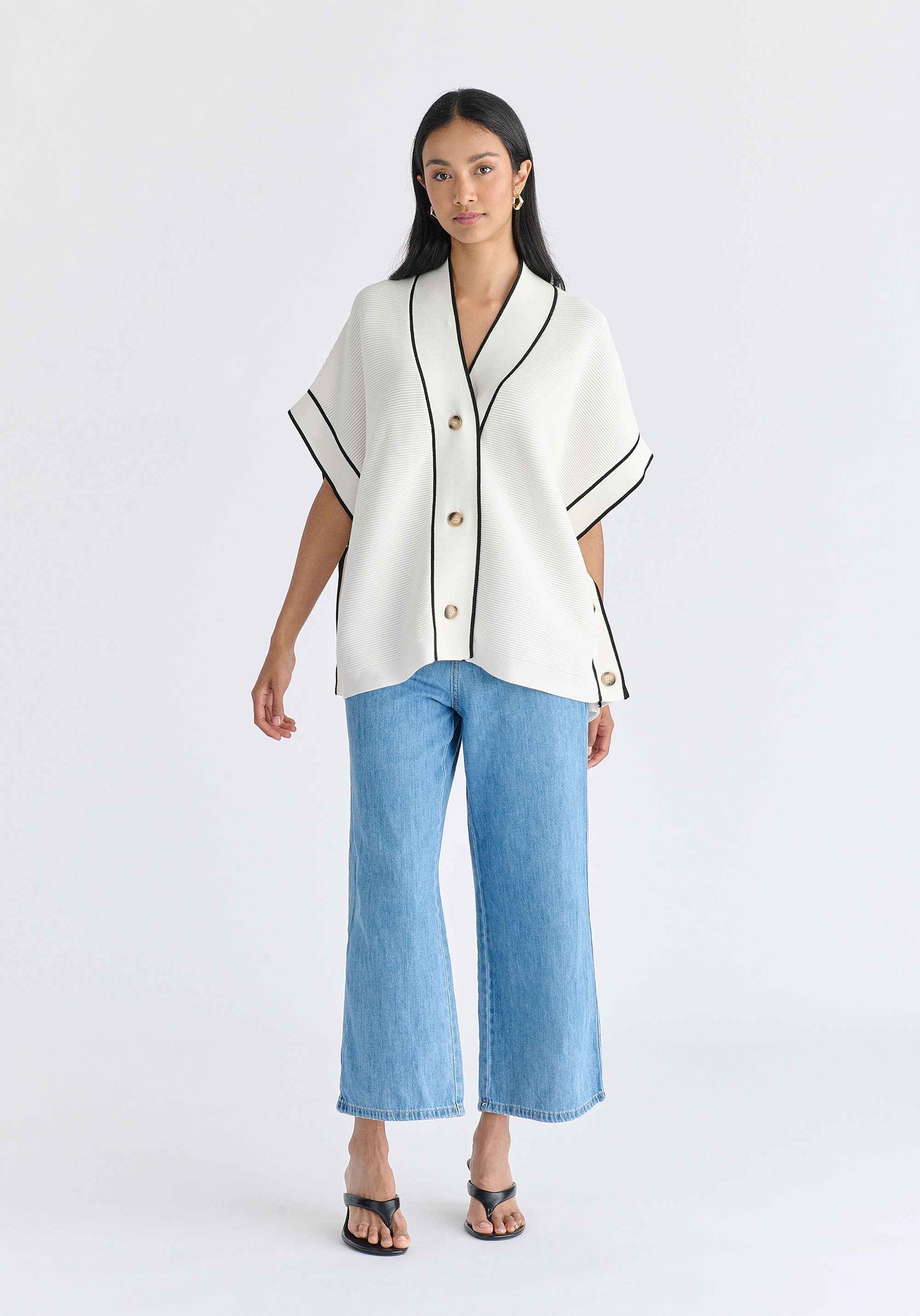 Button Details Kimono Ribbed Cardigan in White Front