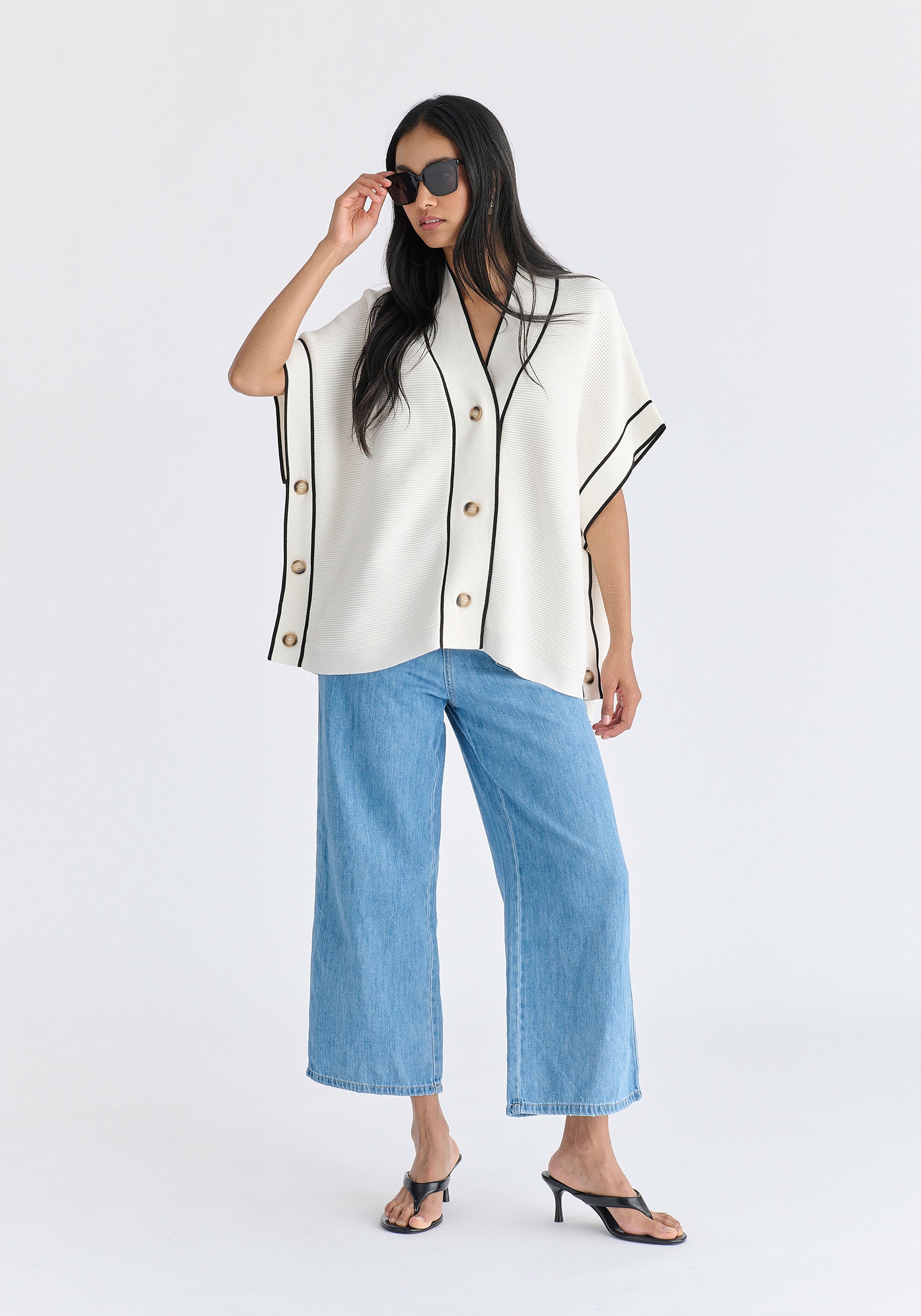 Button Details Kimono Ribbed Cardigan in White Front