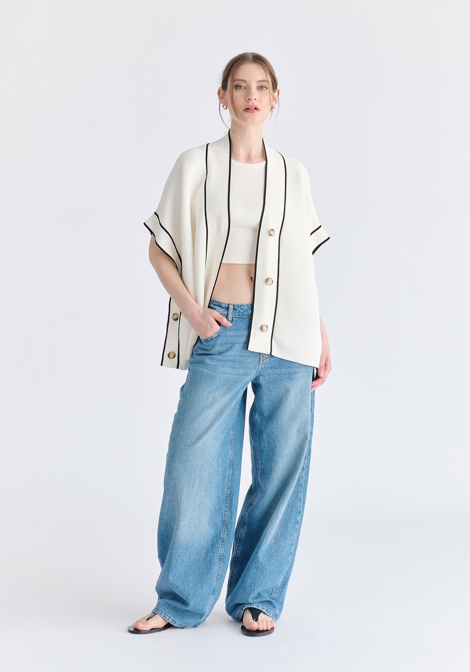 Button Details Kimono Ribbed Cardigan in White Front