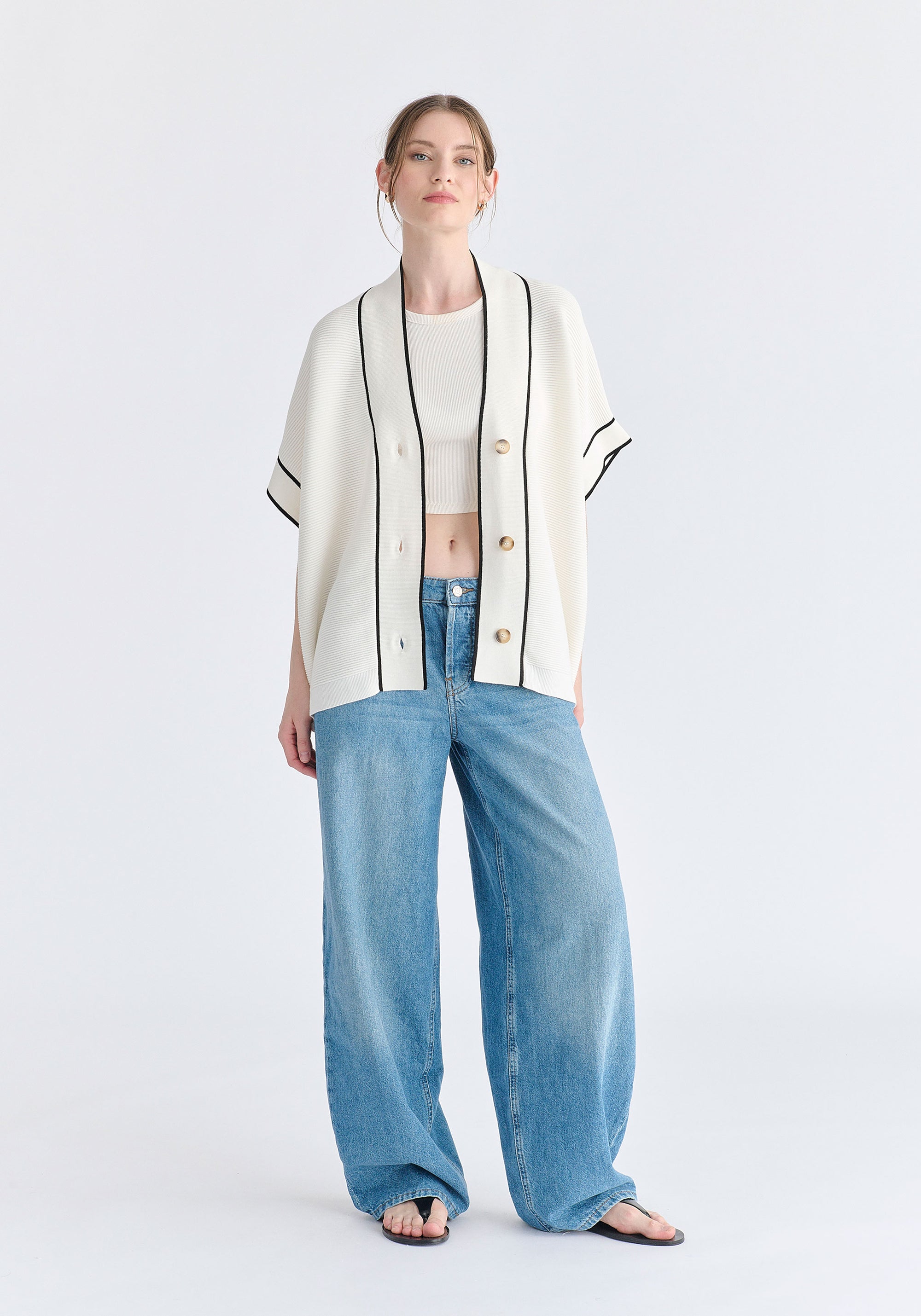 Button Details Kimono Ribbed Cardigan in White Front
