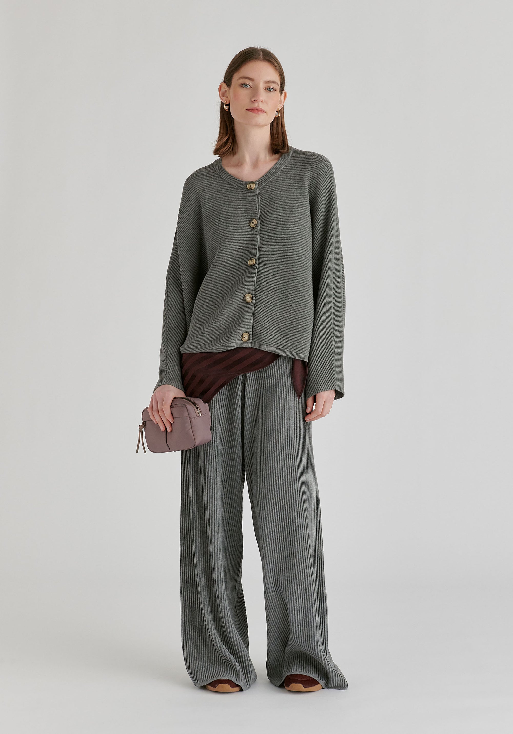 Ribbed Batwing Cardigan with Crew Neck and Button Front