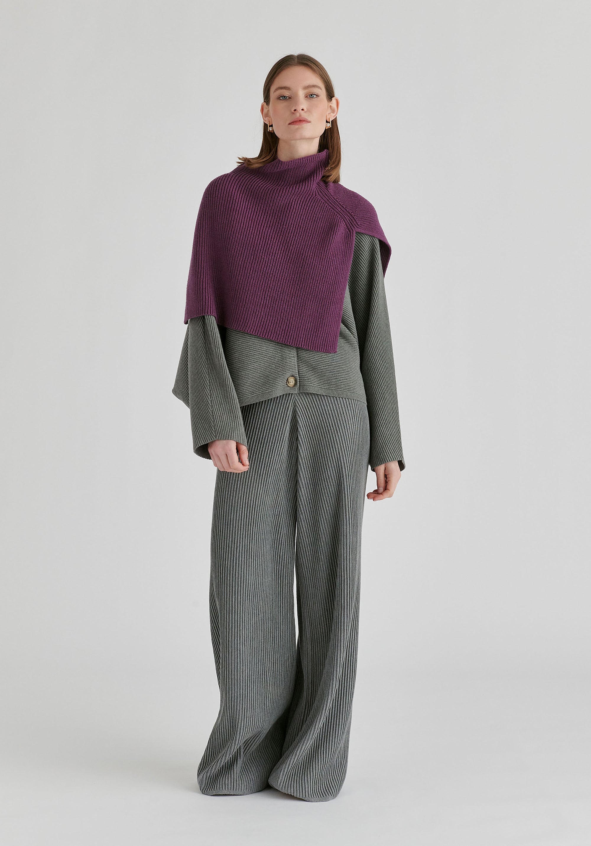 Ribbed Batwing Cardigan with Crew Neck and Button Front