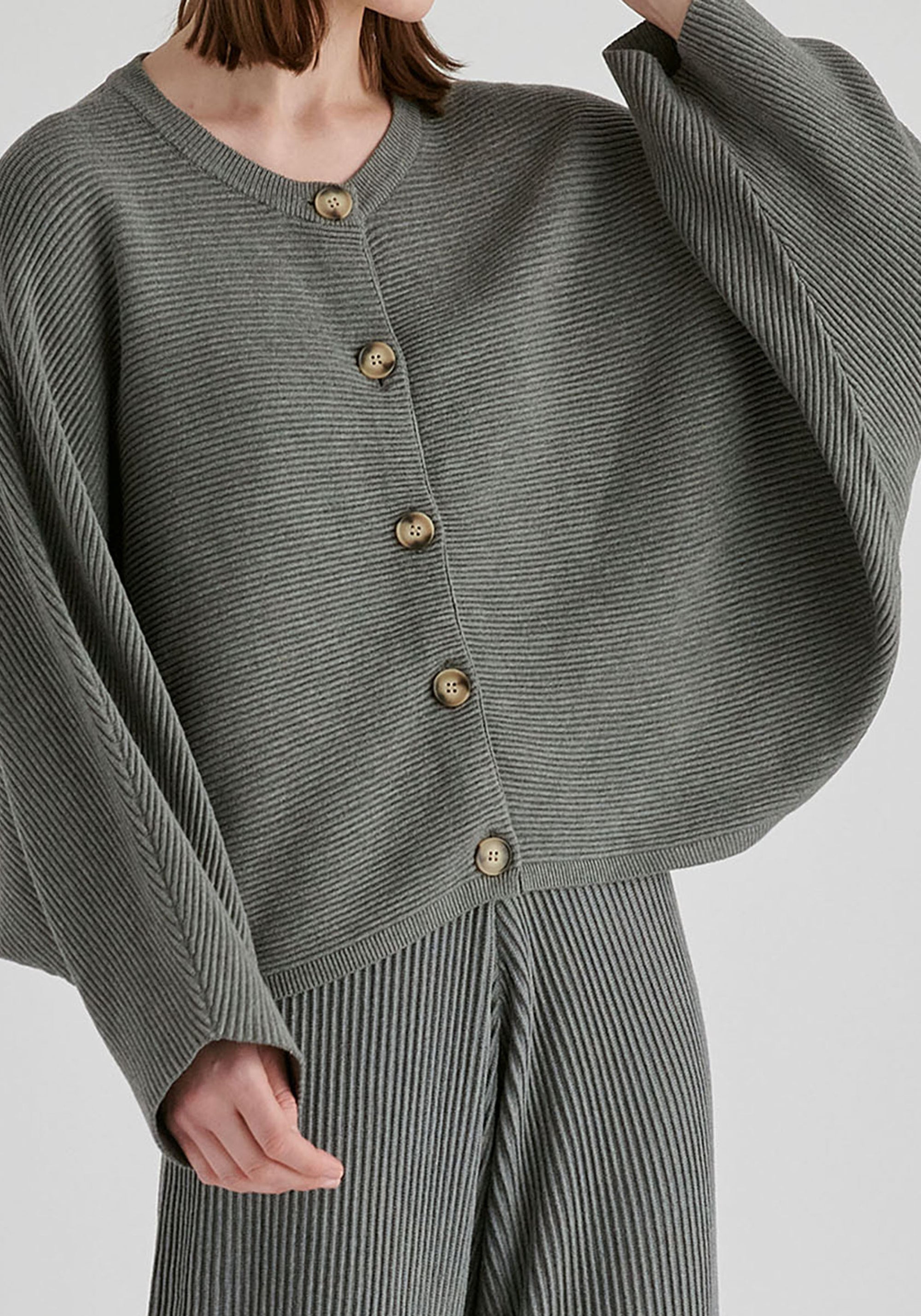 Ribbed Batwing Cardigan with Crew Neck and Button Front