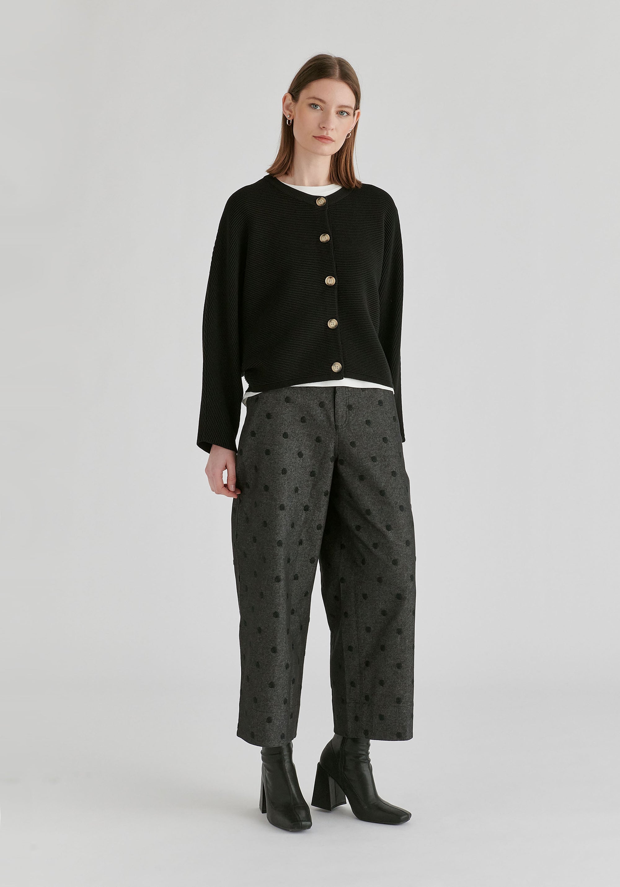 Ribbed Batwing Cardigan with Crew Neck and Button Front