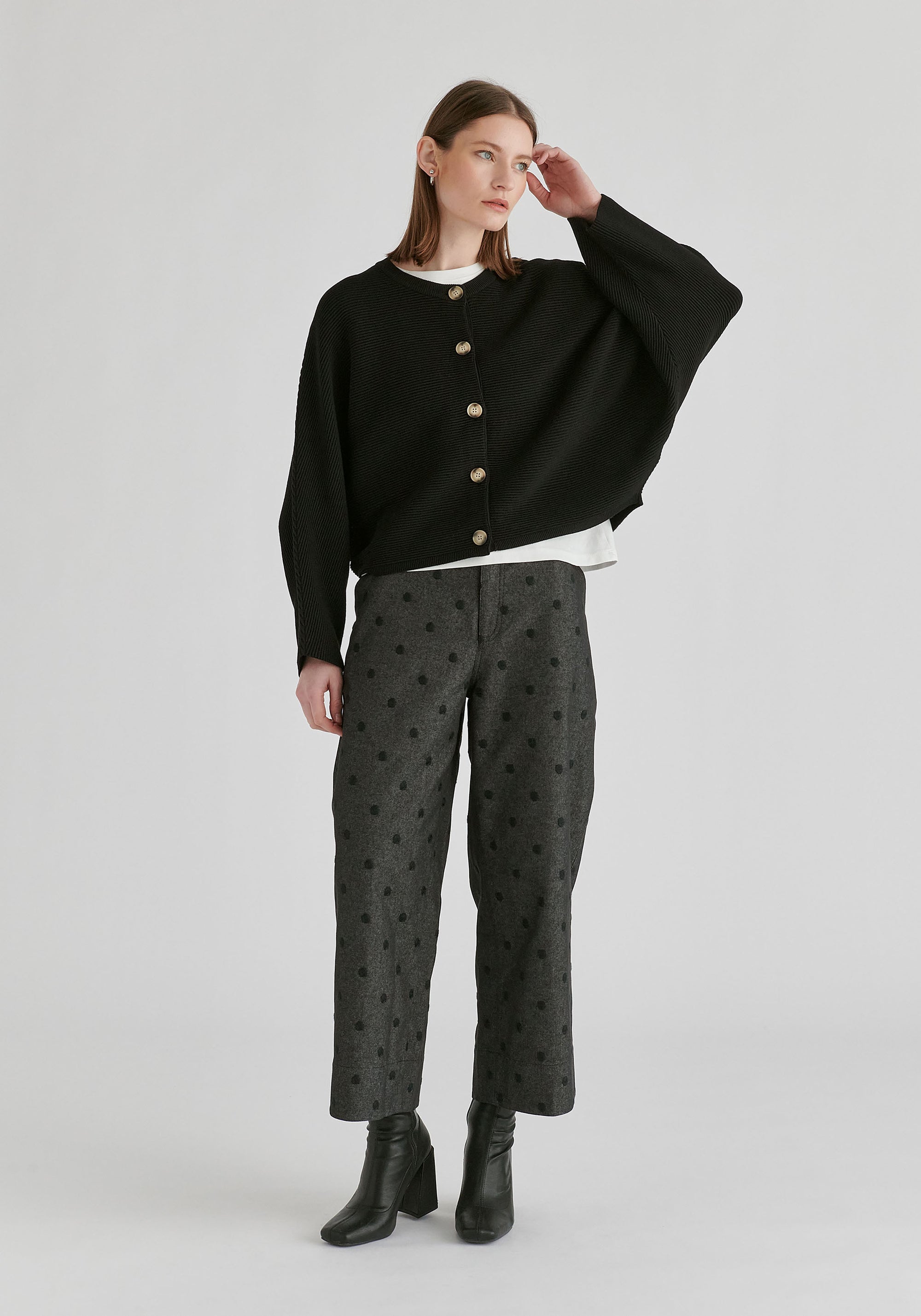 Ribbed Batwing Cardigan with Crew Neck and Button Front