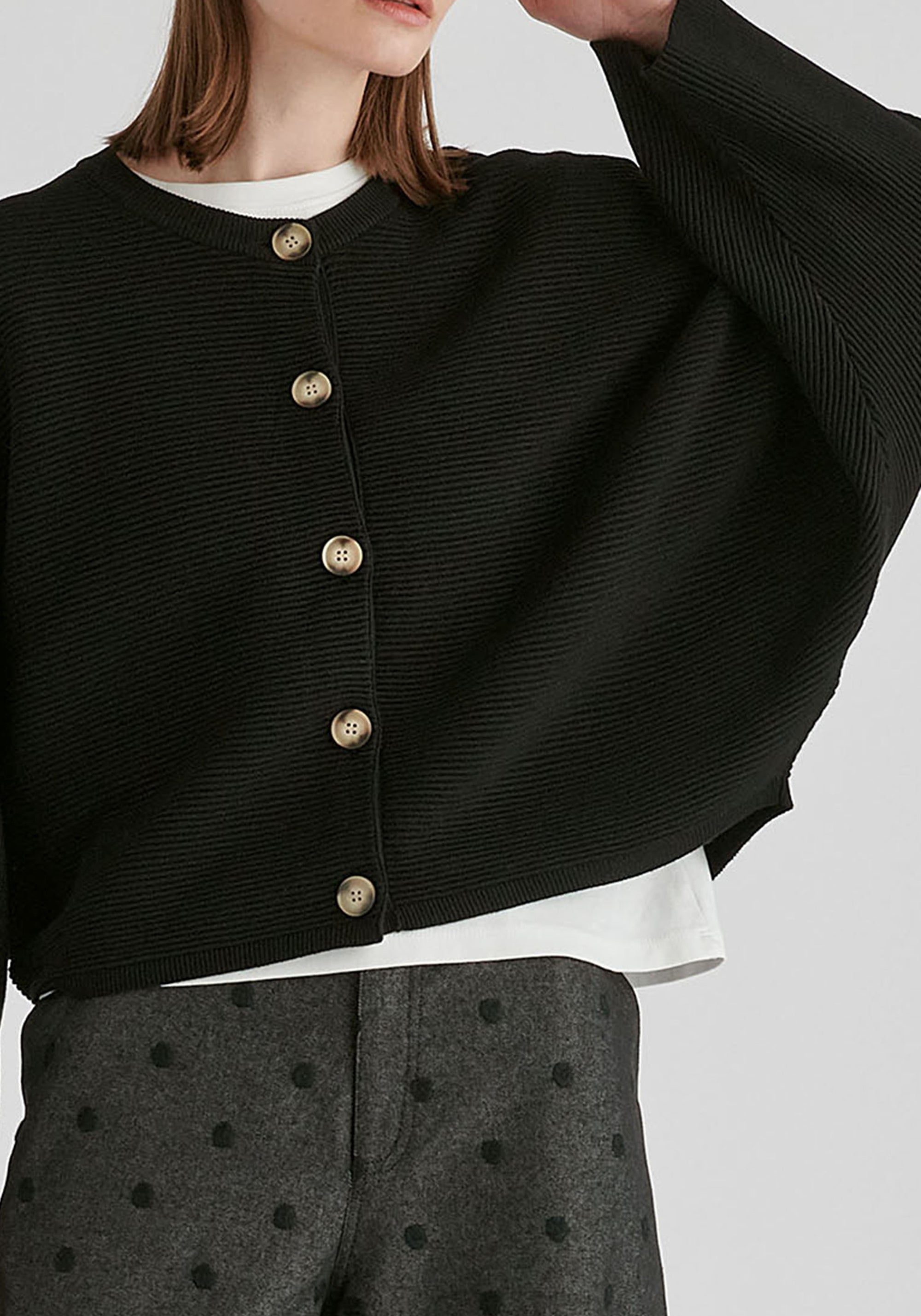 Ribbed Batwing Cardigan with Crew Neck and Button Front