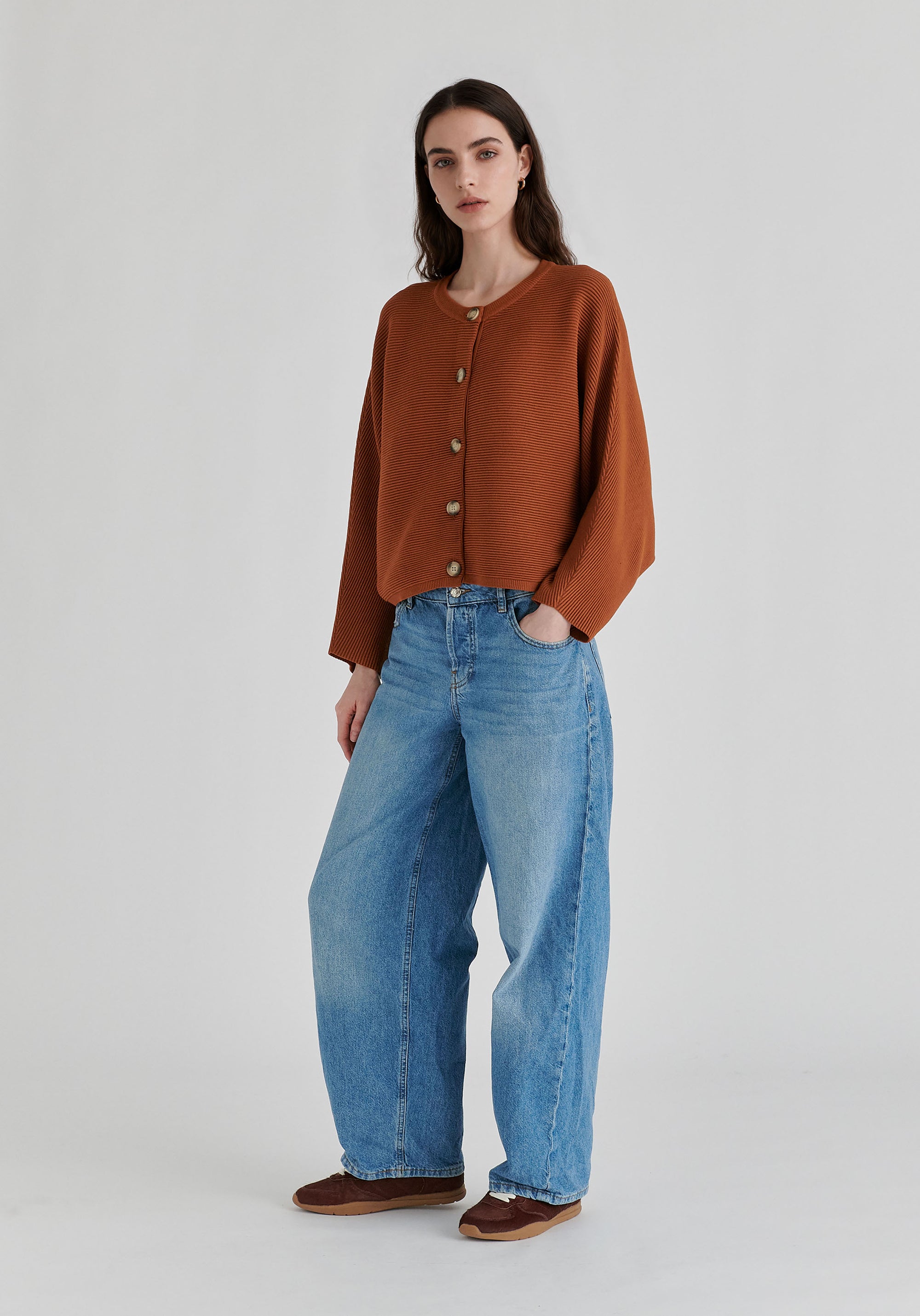 Ribbed Batwing Cardigan with Crew Neck and Button Front
