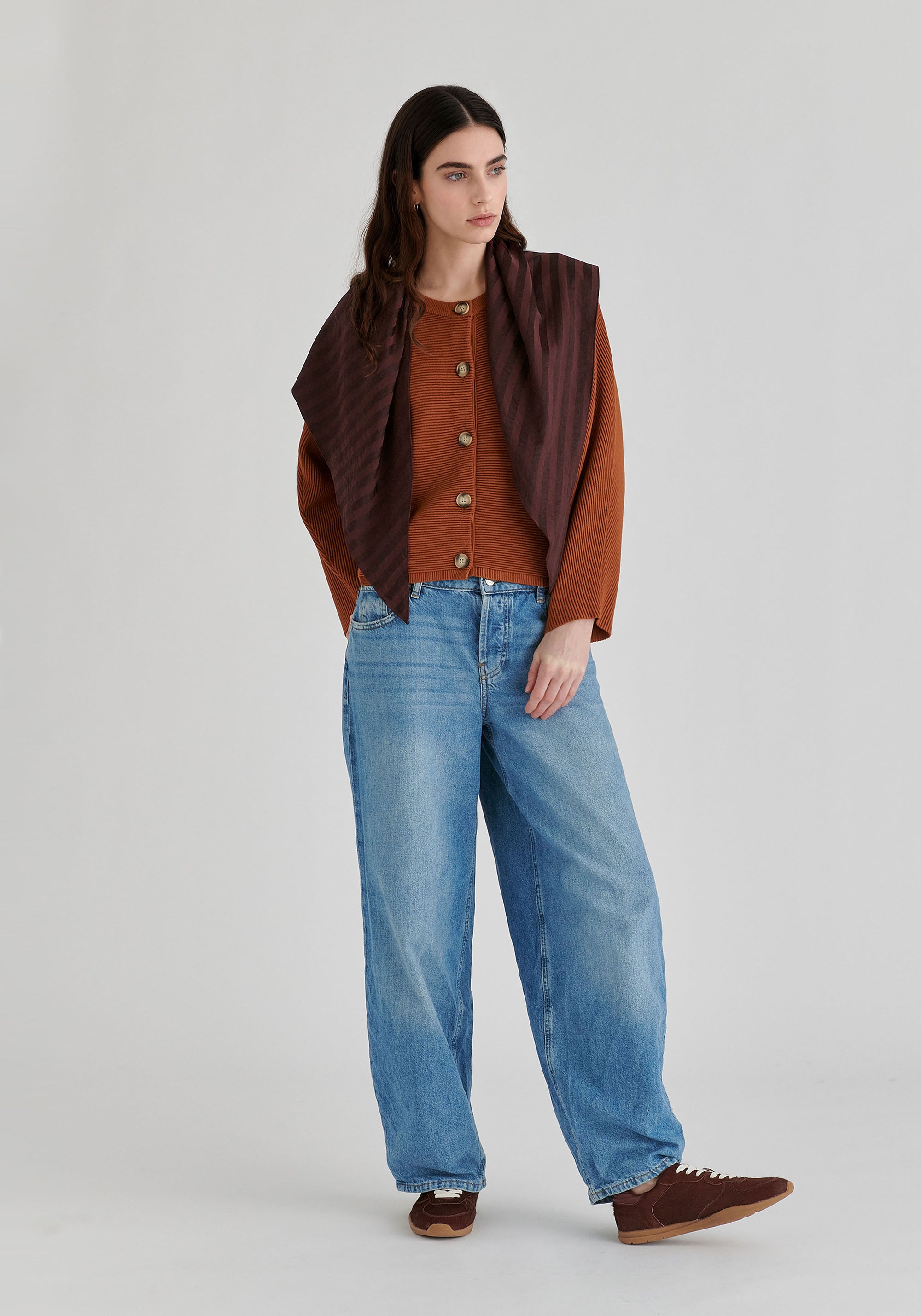 Ribbed Batwing Cardigan with Crew Neck and Button Front