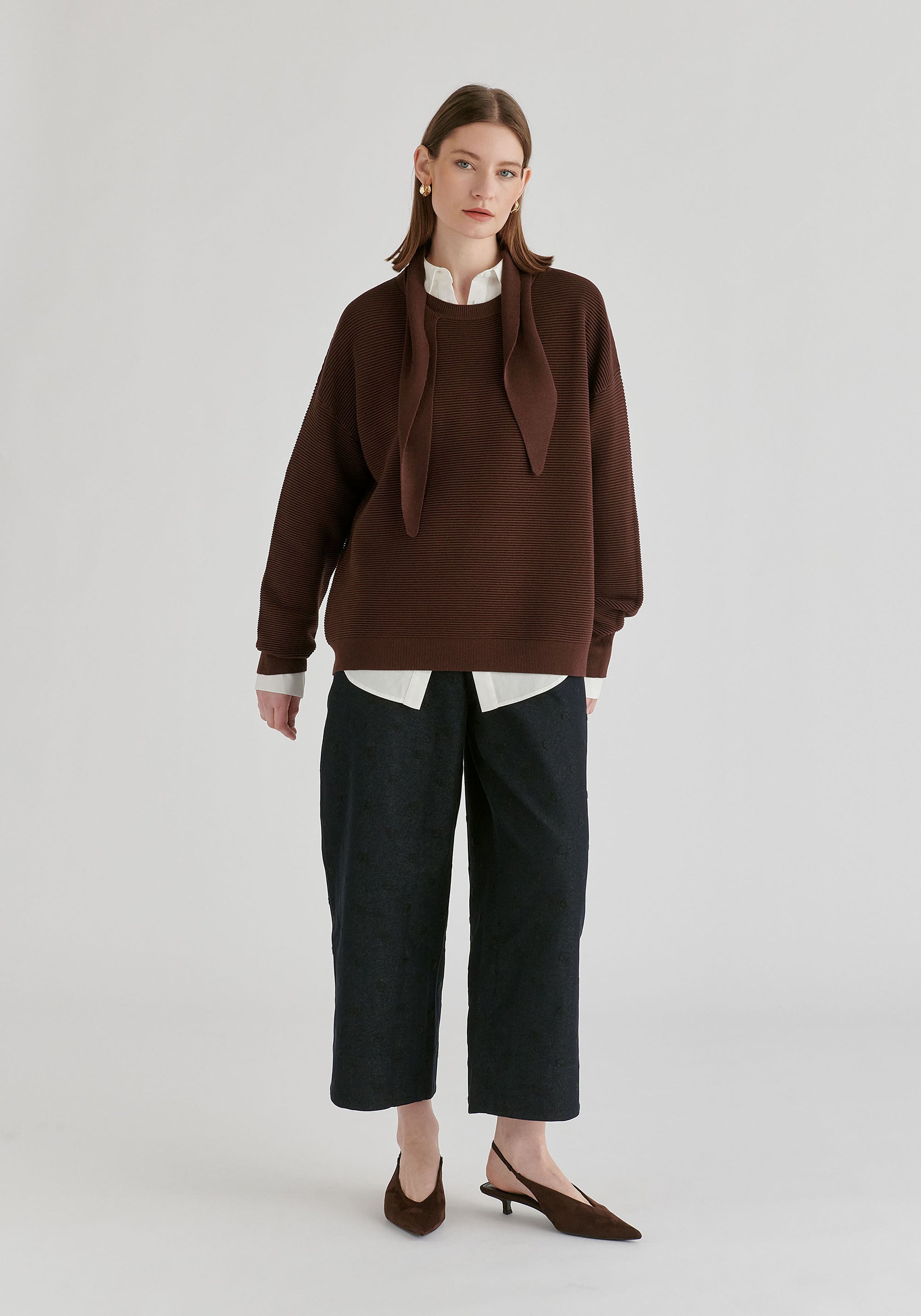 Ribbed Jumper with Attached Scarf Tie