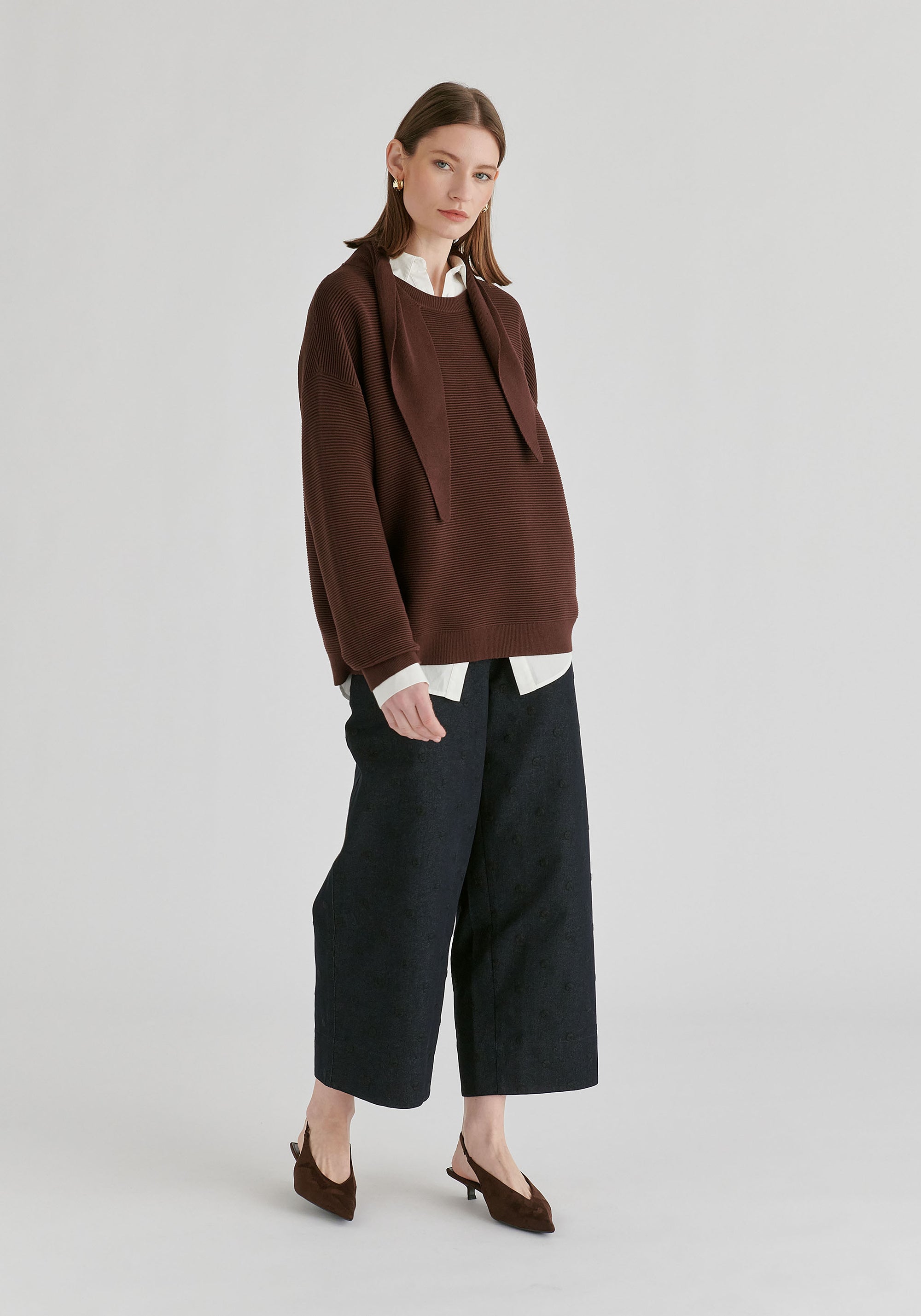 Ribbed Jumper with Attached Scarf Tie
