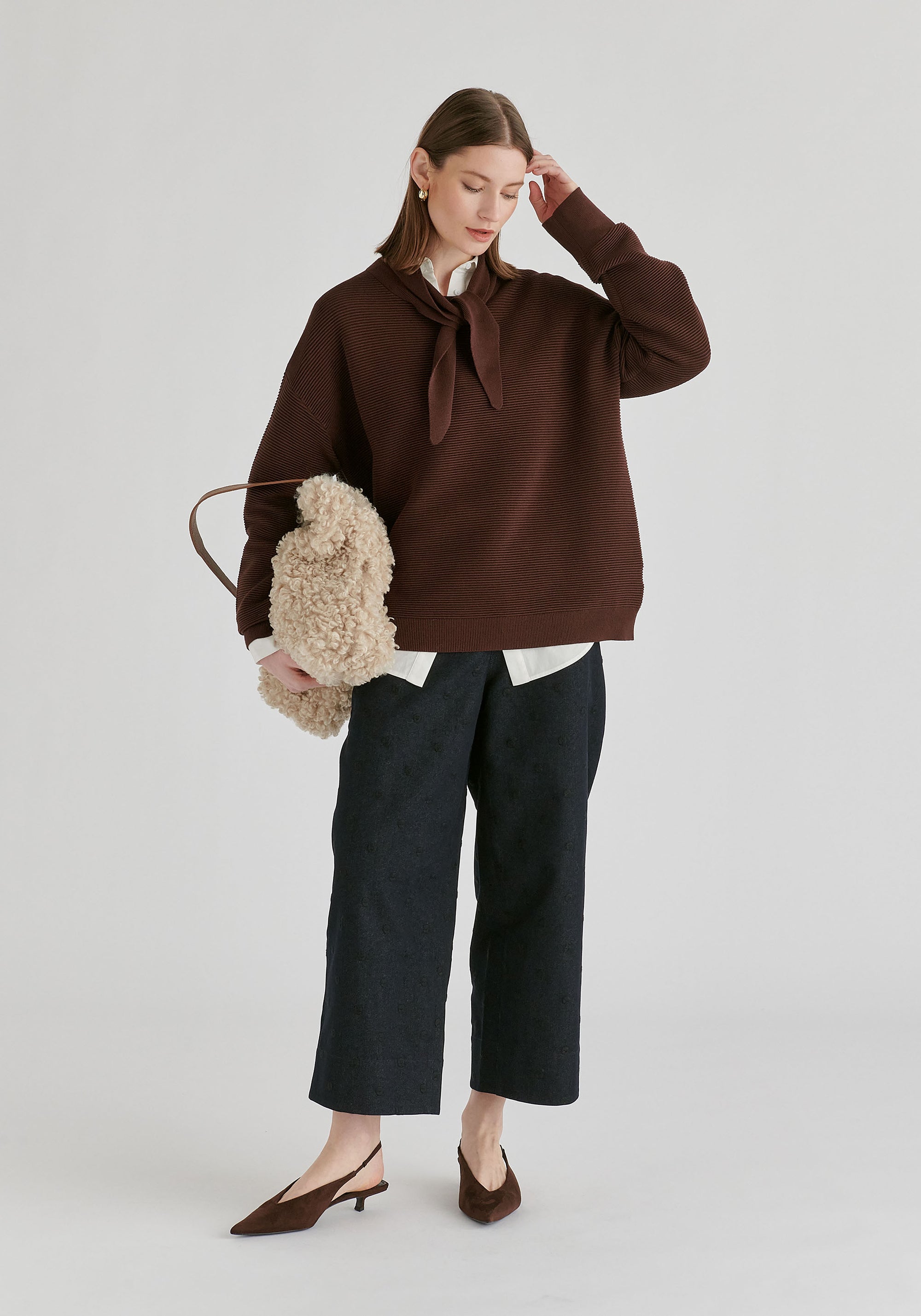 Ribbed Jumper with Attached Scarf Tie