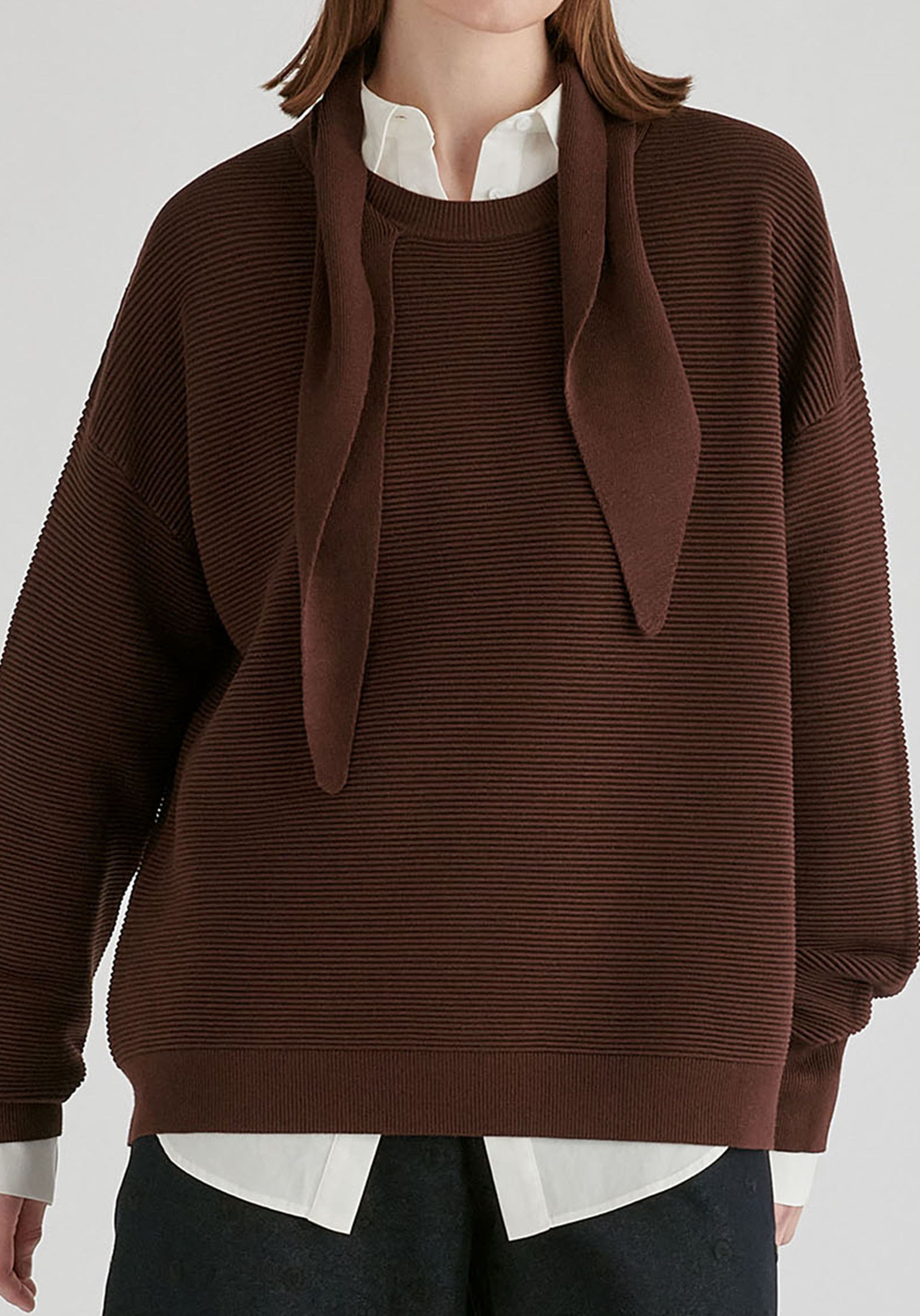 Ribbed Jumper with Attached Scarf Tie