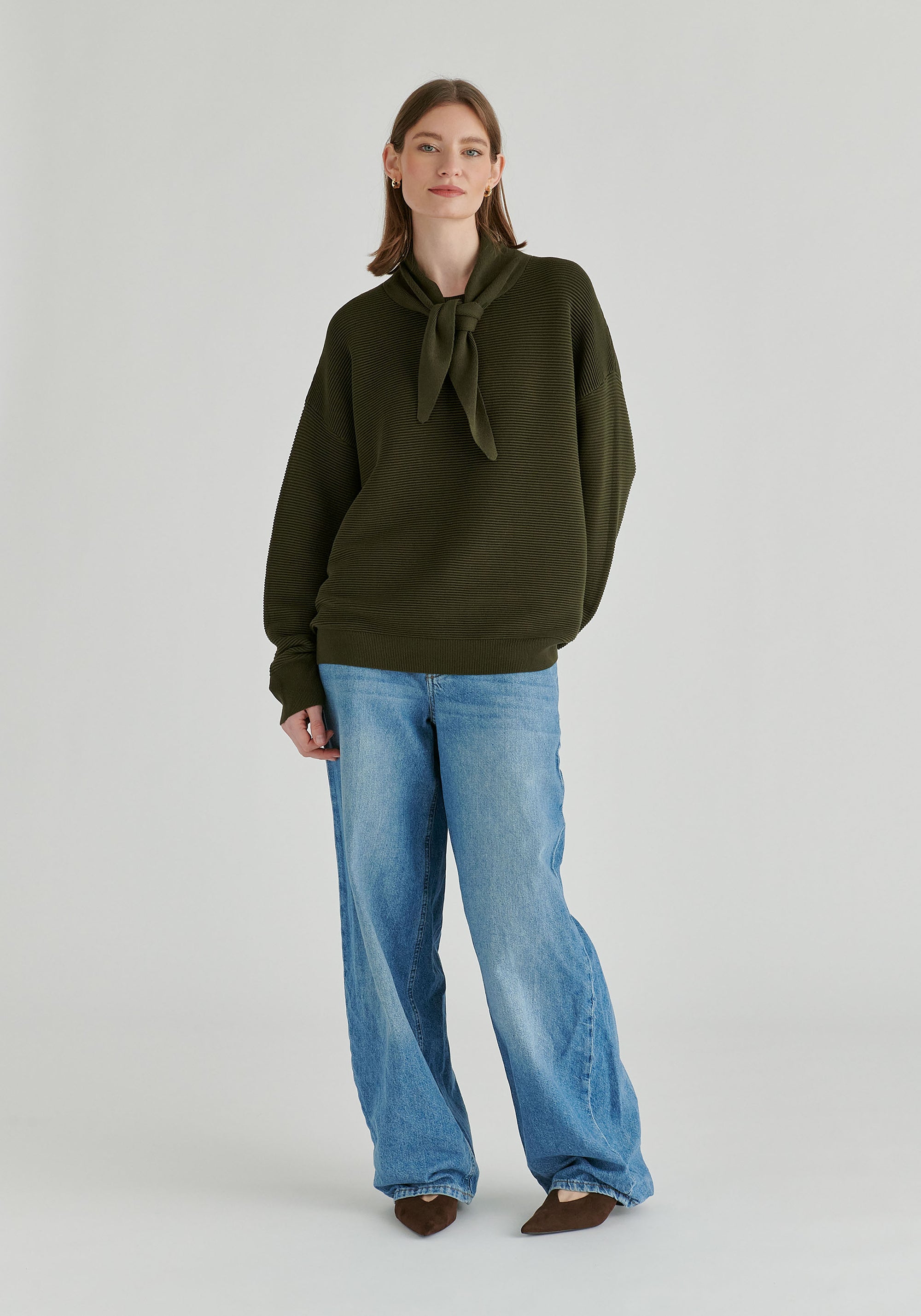 Ribbed Jumper with Attached Scarf Tie