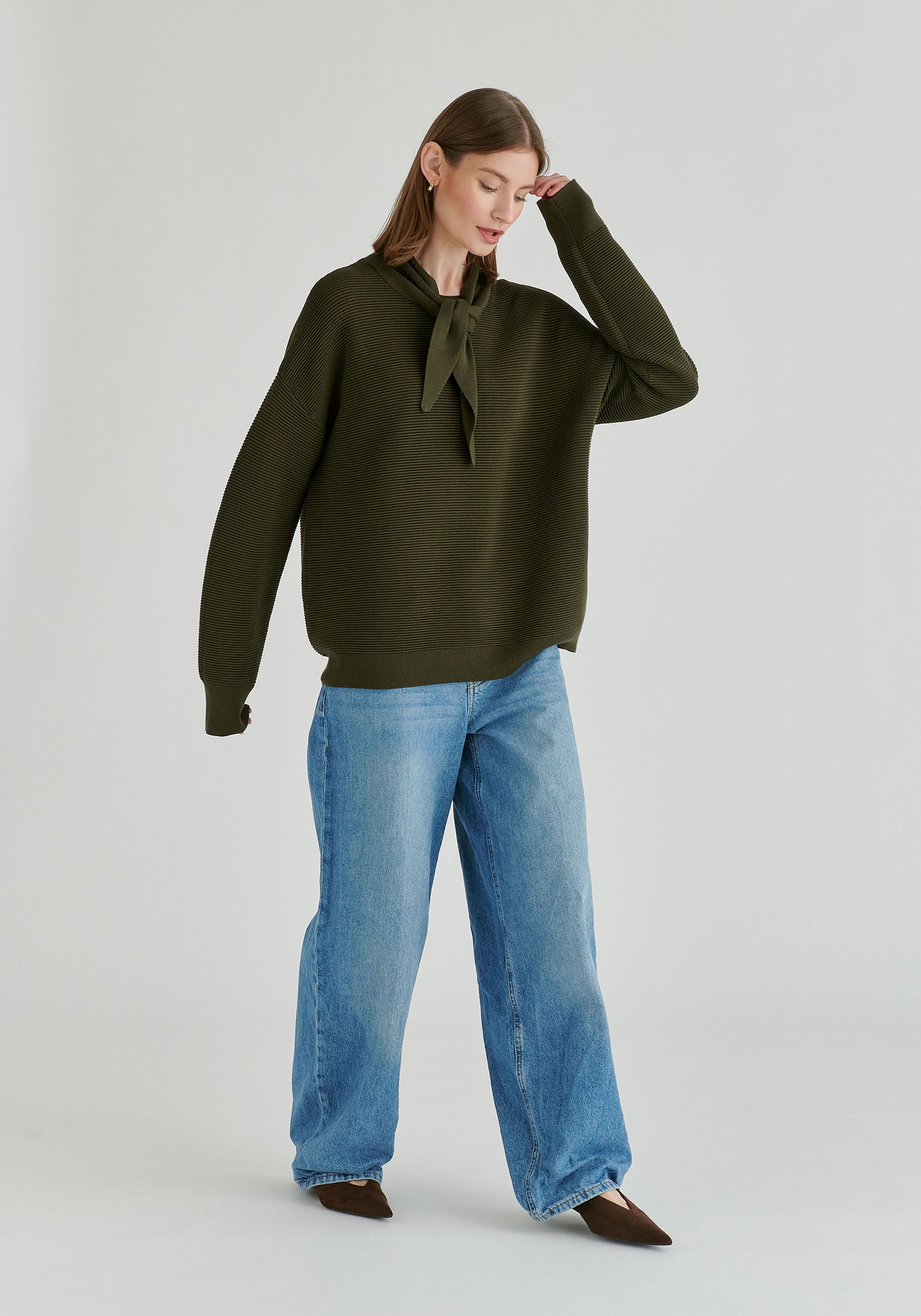 Ribbed Jumper with Attached Scarf Tie
