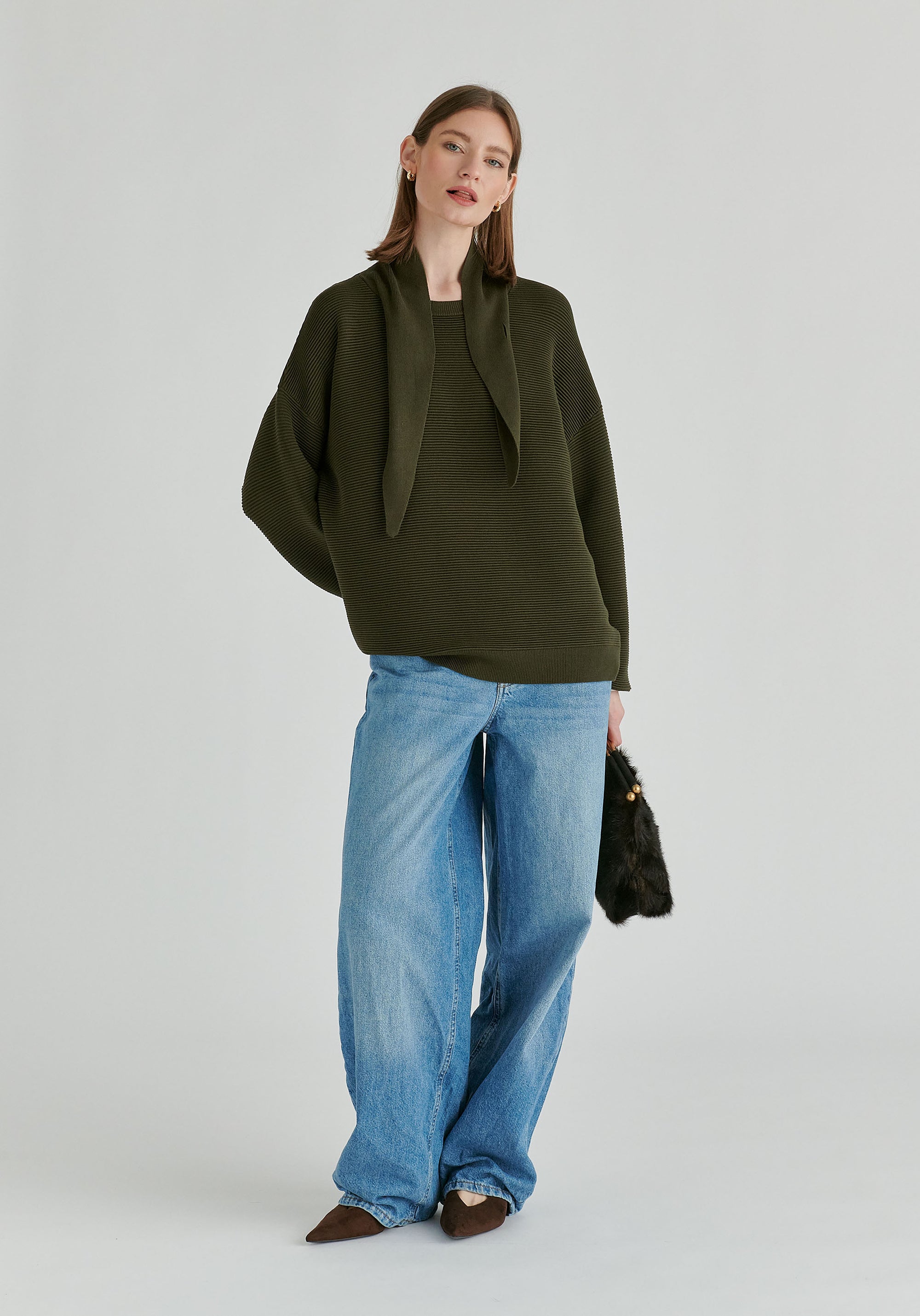 Ribbed Jumper with Attached Scarf Tie